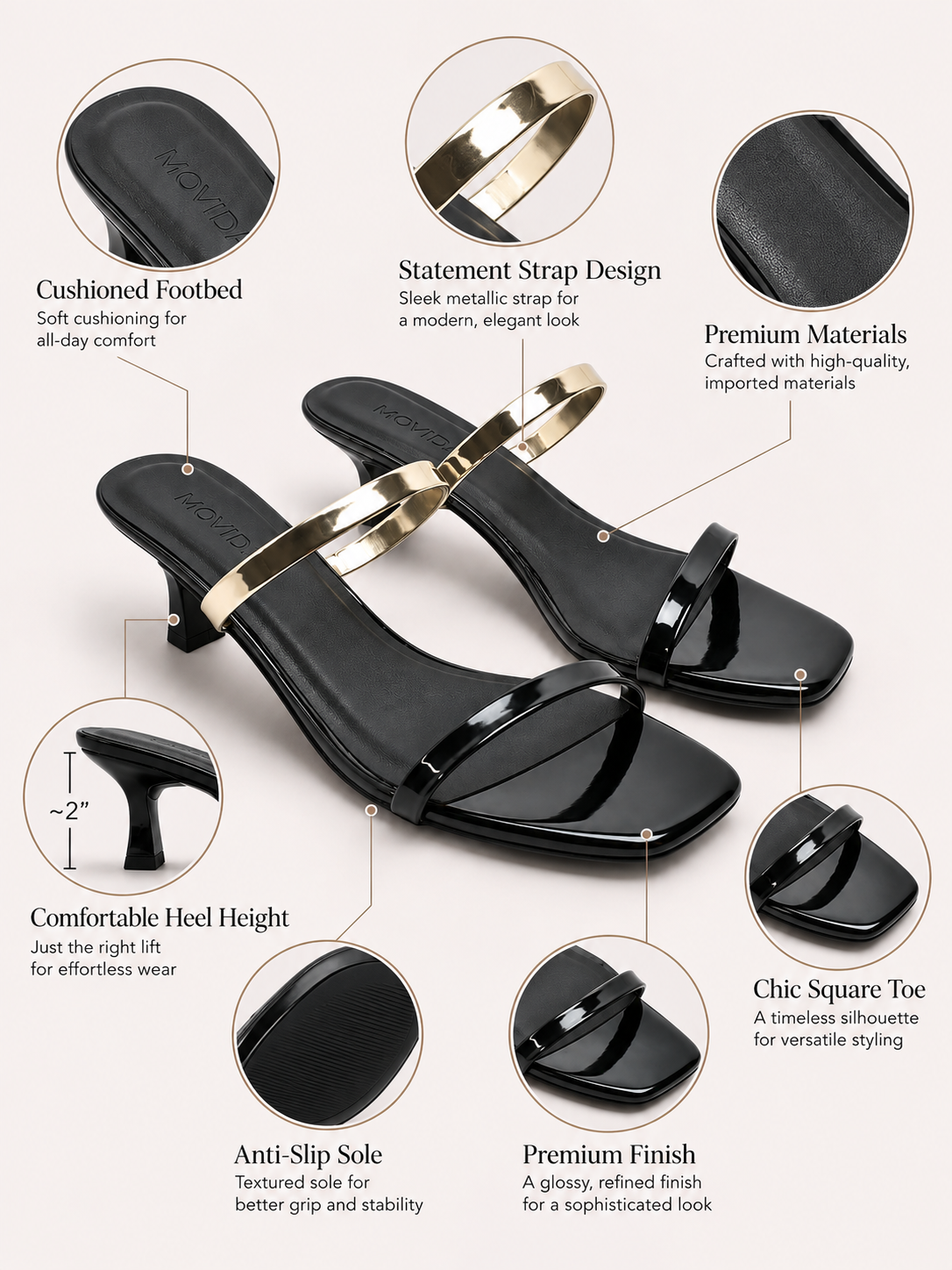 Reva Dual Strap Gold Bar Kitten Heel Mule – Black