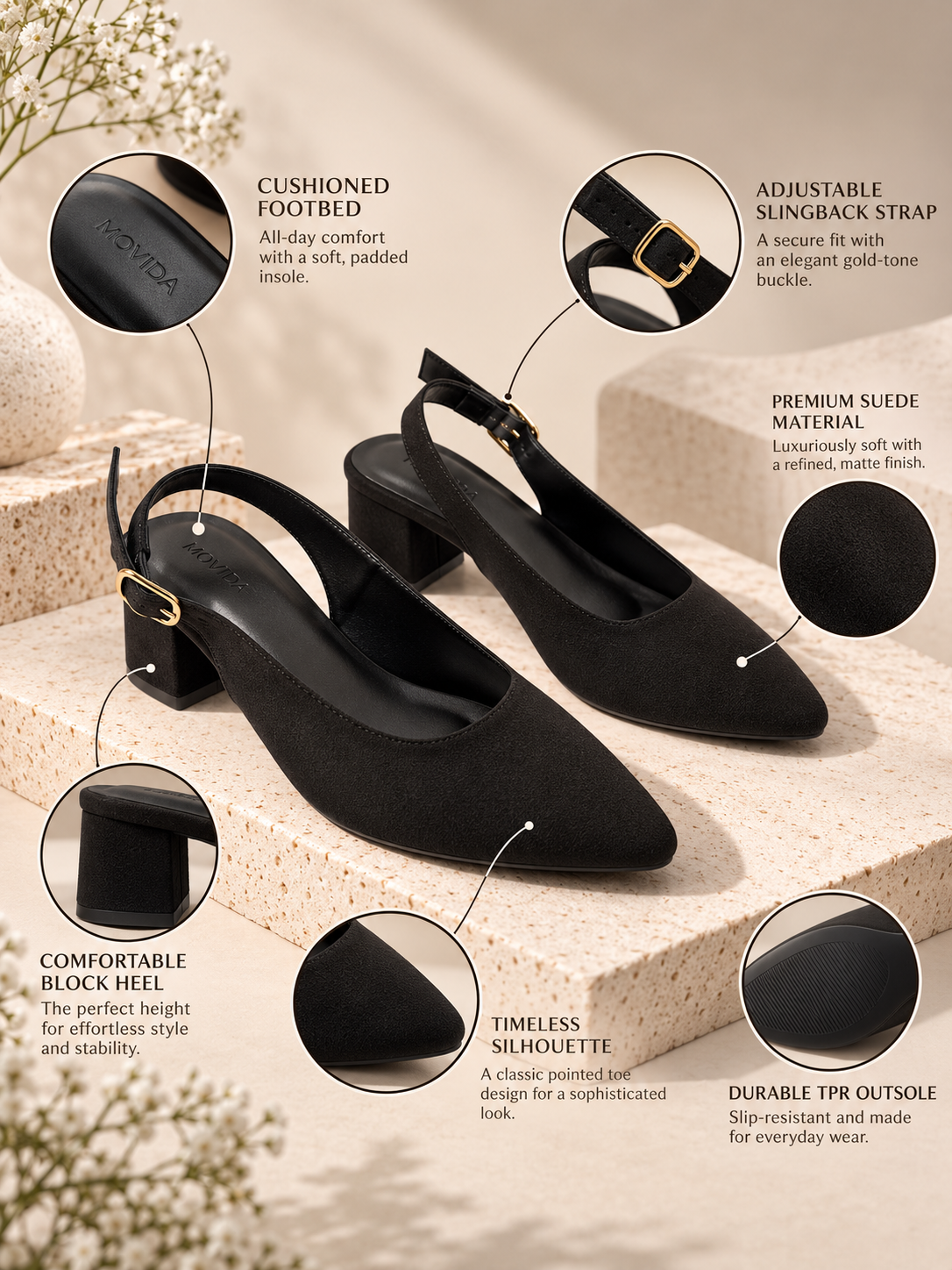 Bardot Pointed-Toe Slingback Block Heel – Black