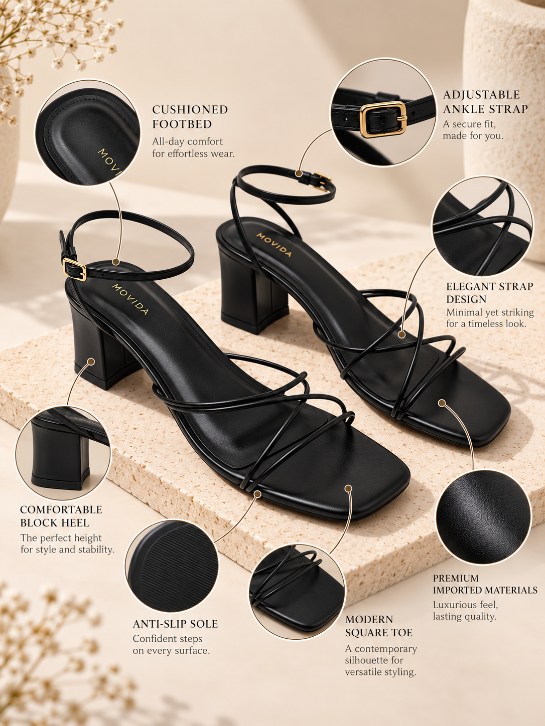 Solana Cross-Strap Flared Block Heel Sandal – Black
