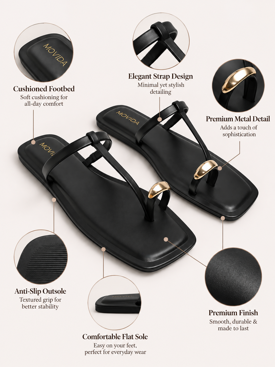 Sable Gold Shell T-Bar  Thong Sandal – Black