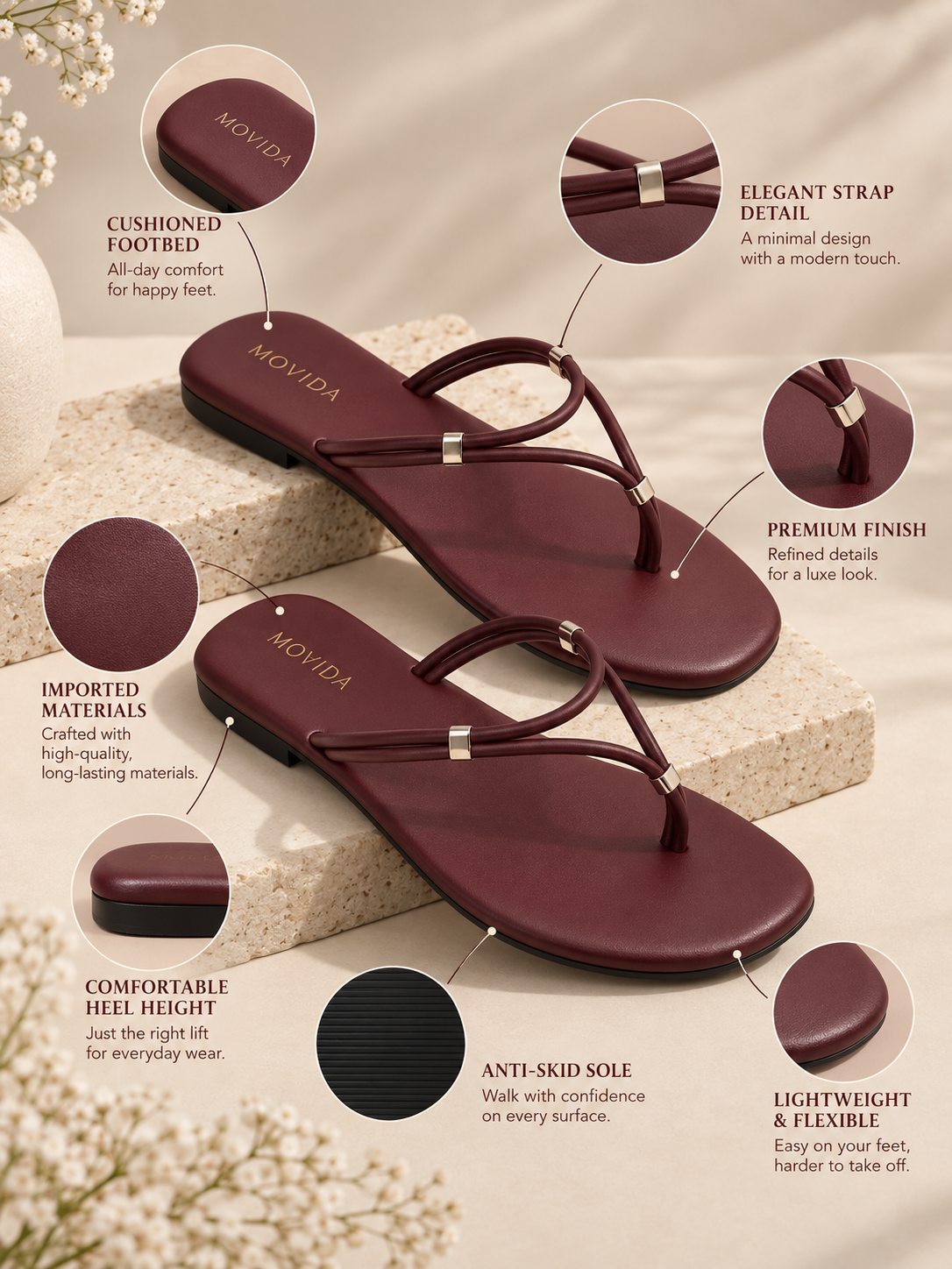 Lino Silver-Trim Dual-Strap Toe-Ring Flat Sandal – Wine