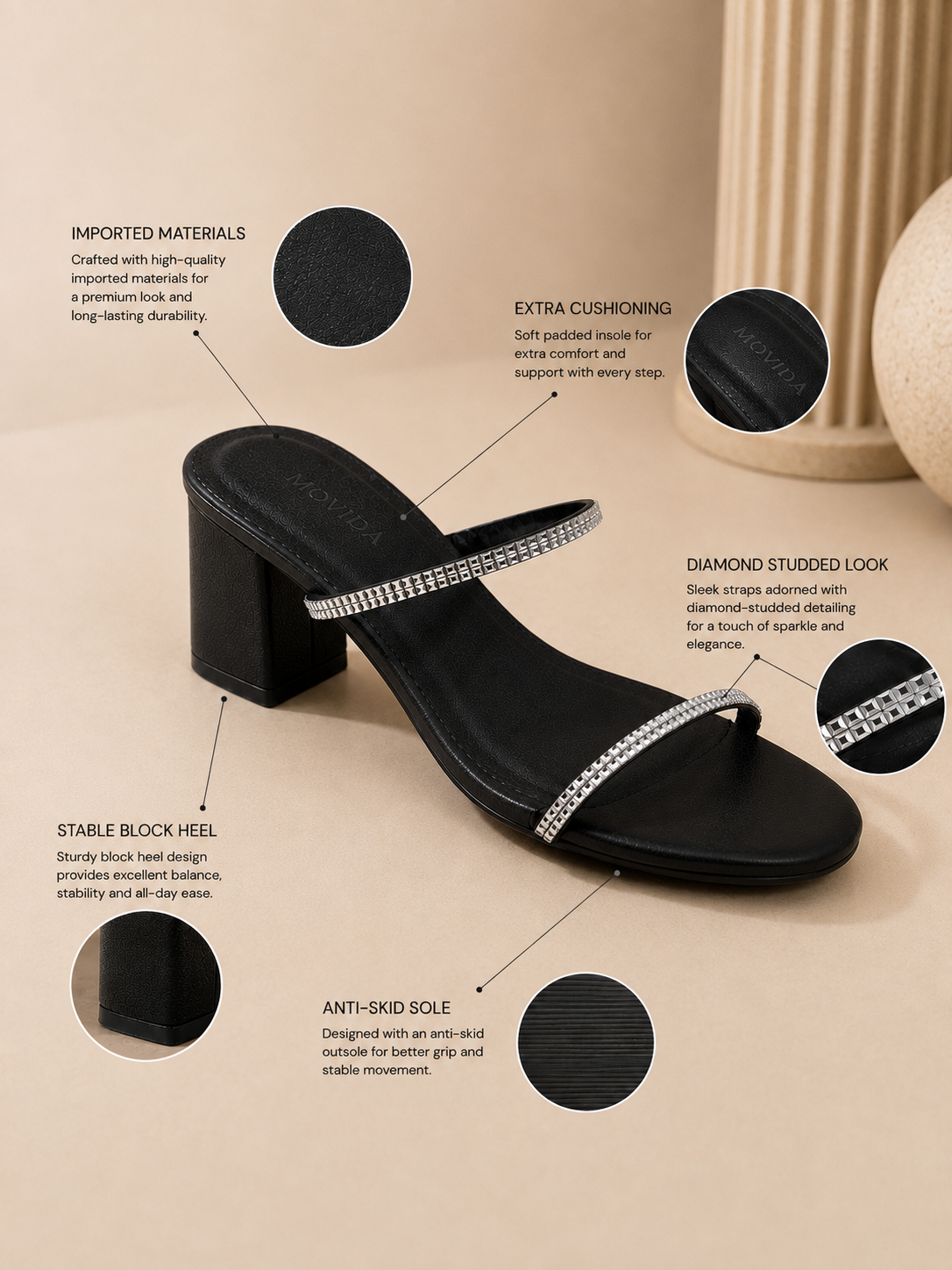 Nova Crystal Strap Block Heel Mule – Black