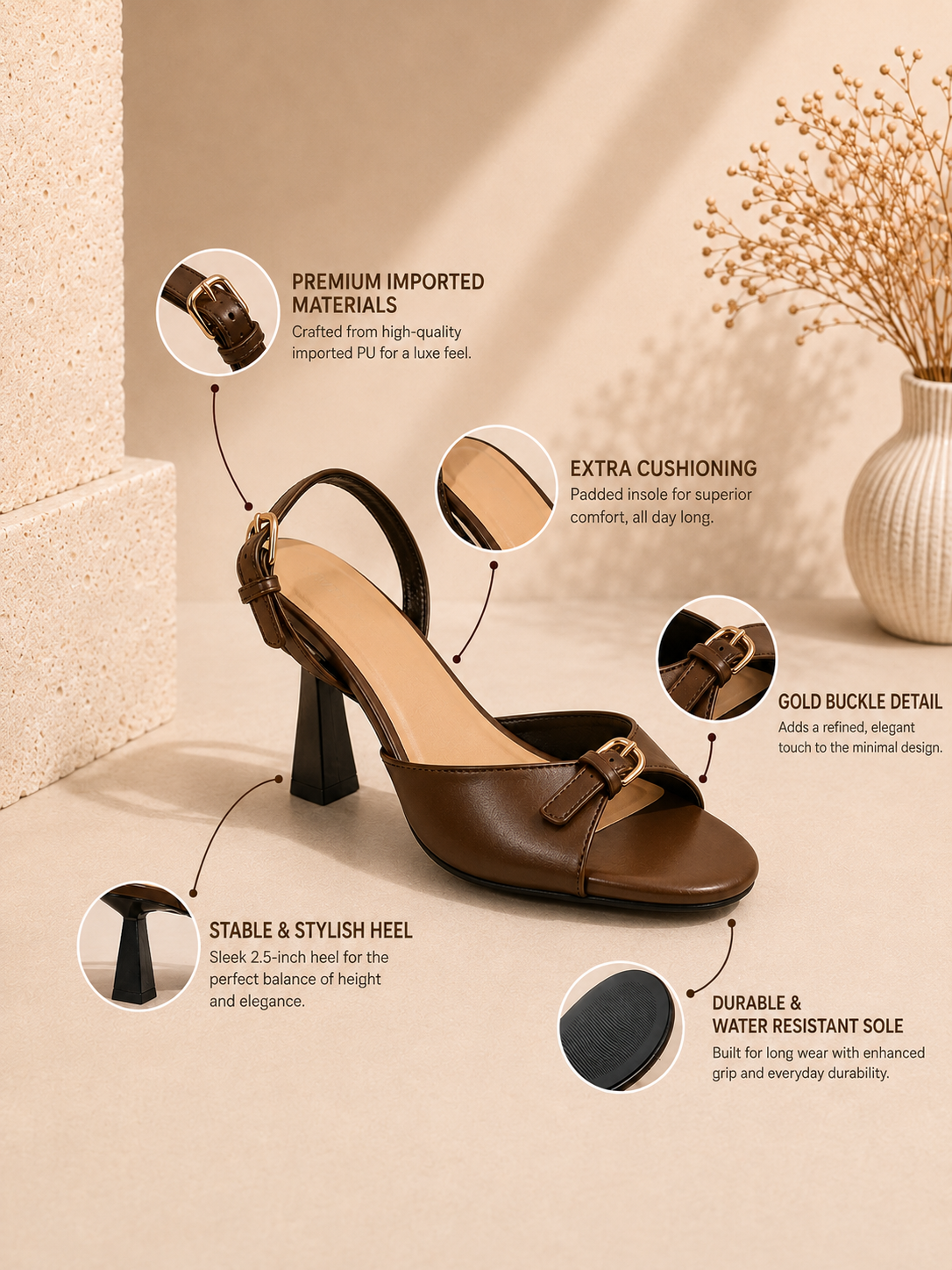 Elara Gold Buckle Strap Trumpet Heel Slingback – Brown