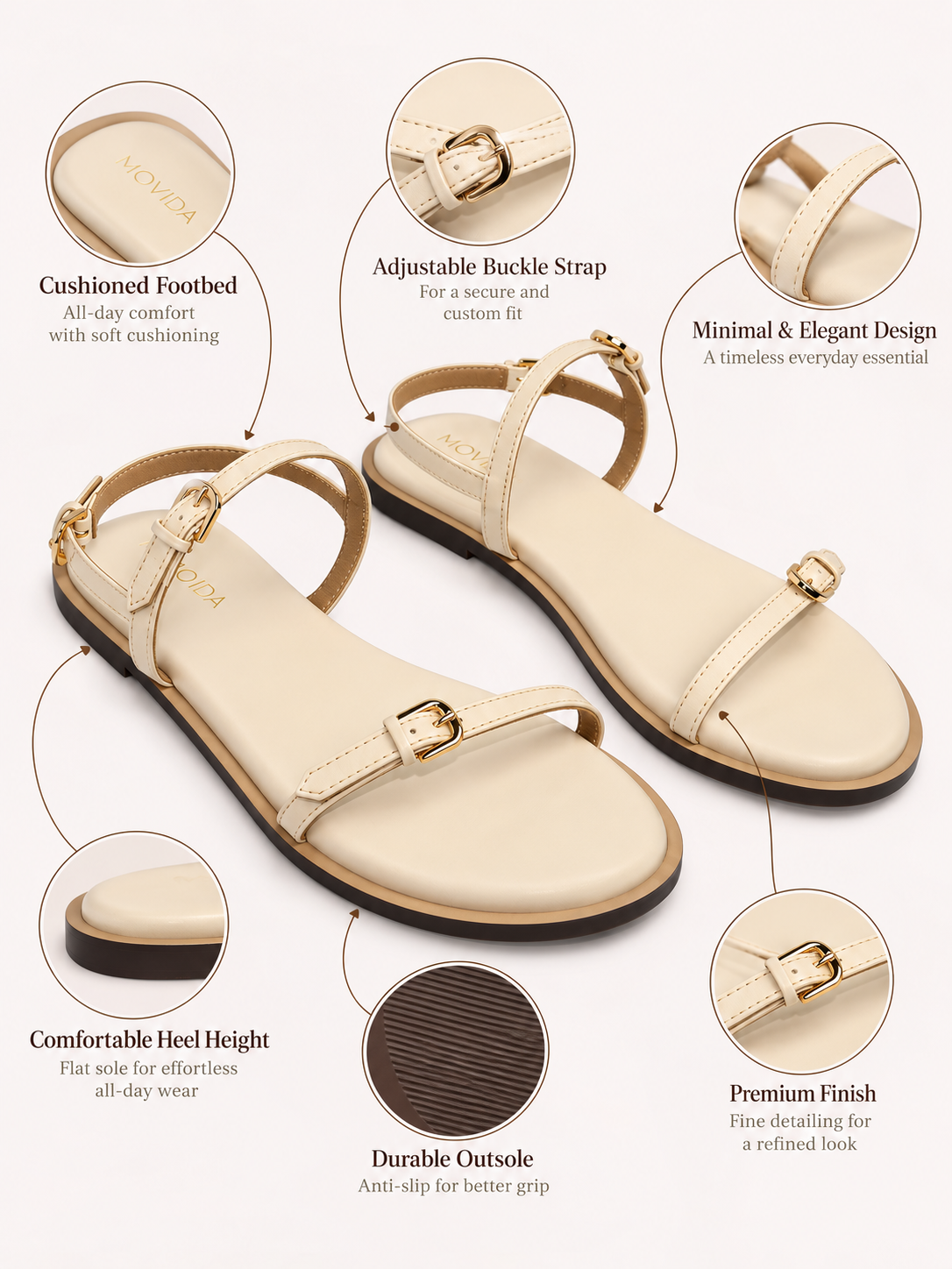 Buckled Flat Strap Sandal - Cream