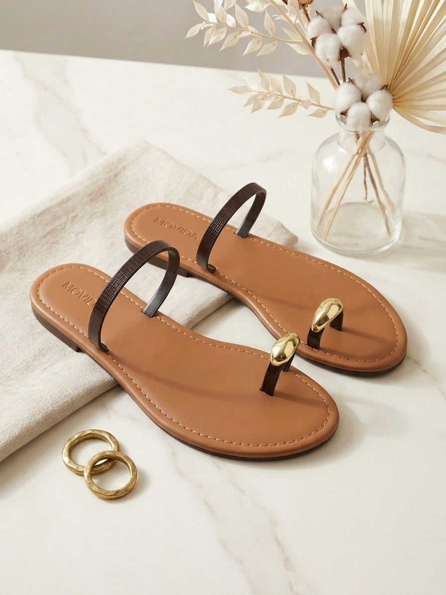 Classic Flat Metallic Toe Ring Sandal - Brown Beige