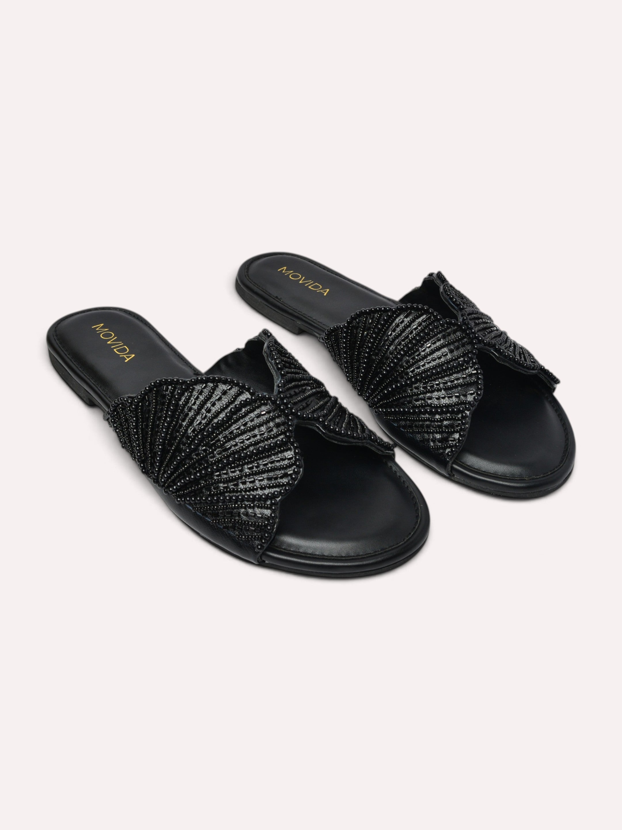 Lyra Pearl Embellished Wing Flat Slide – Black