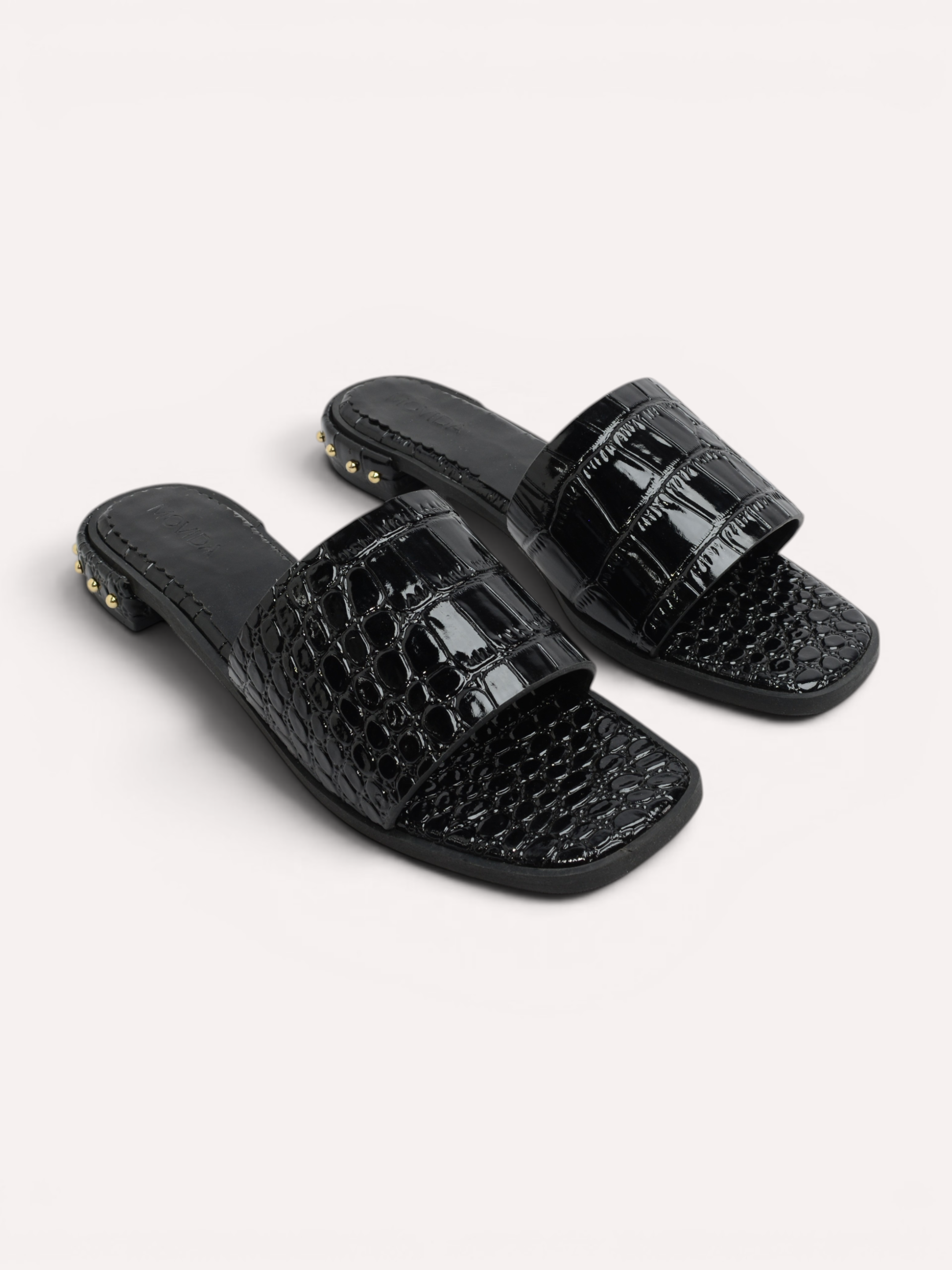Harlow Patent Croco H-Bar Stud Slide – Black