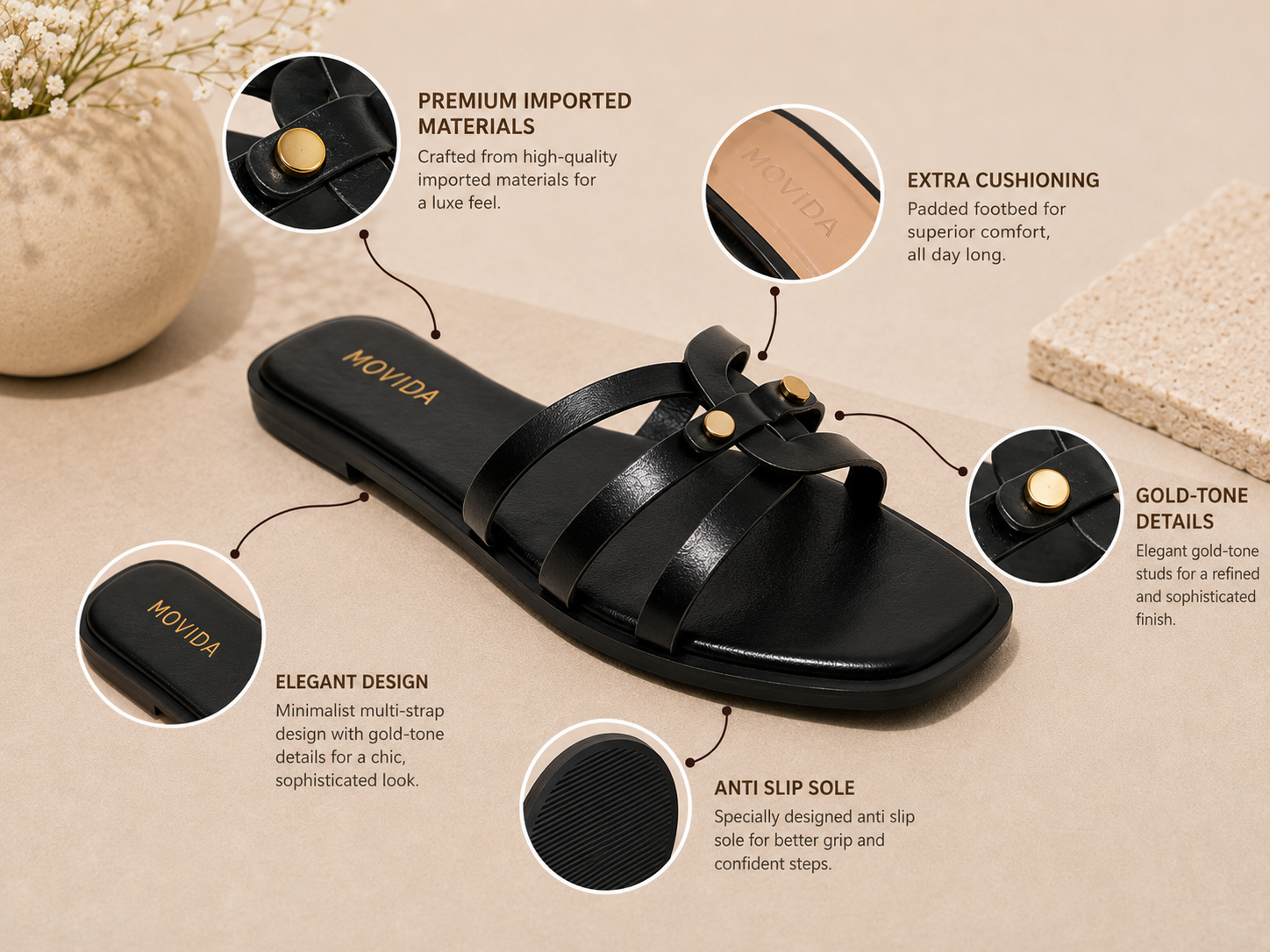 Trio Gold Rivet Triple Strap Flat Slide – Black