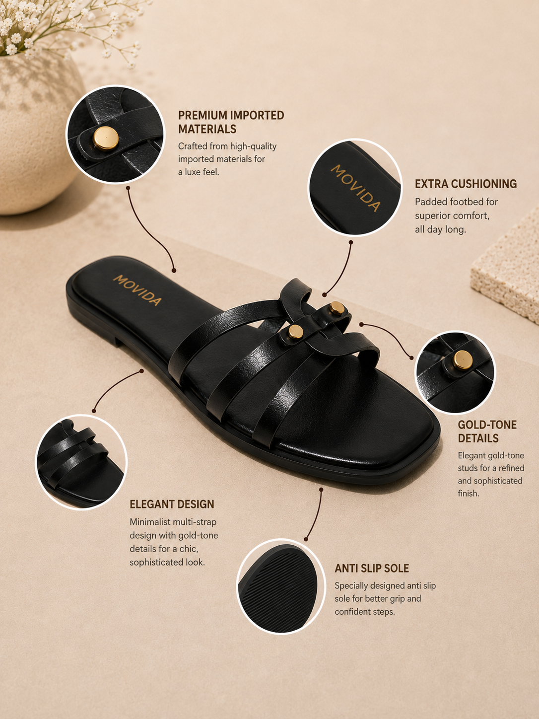 Trio Gold Rivet Triple Strap Flat Slide – Black