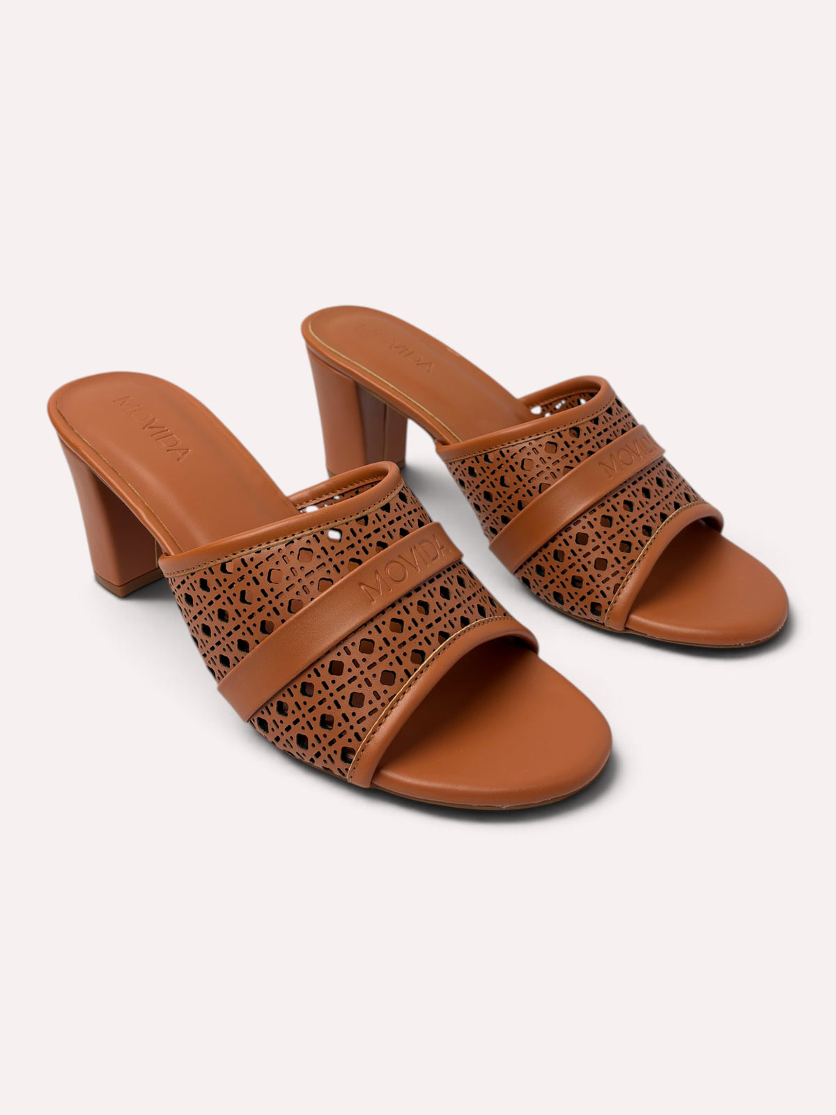 Canela Laser-Cut Mule Block Heel – Tan – Pair View