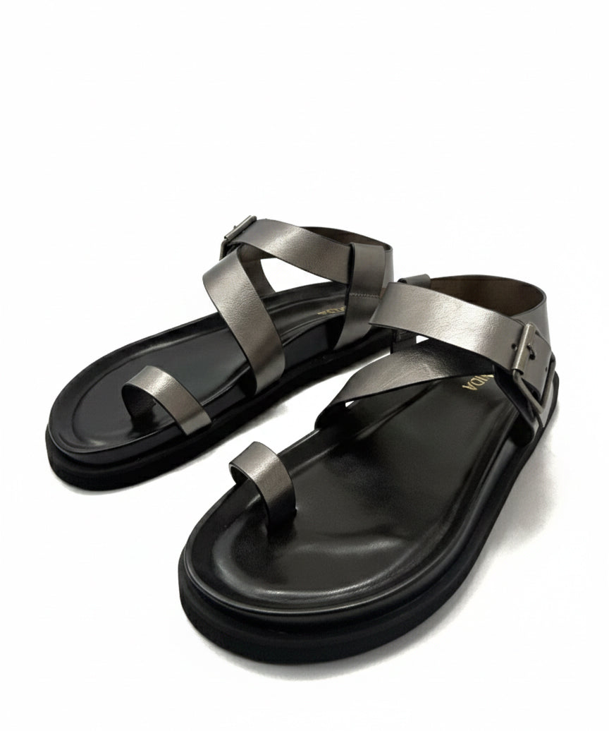 Flat Toe Ring With Cross Strap Sandal - Gun Metal