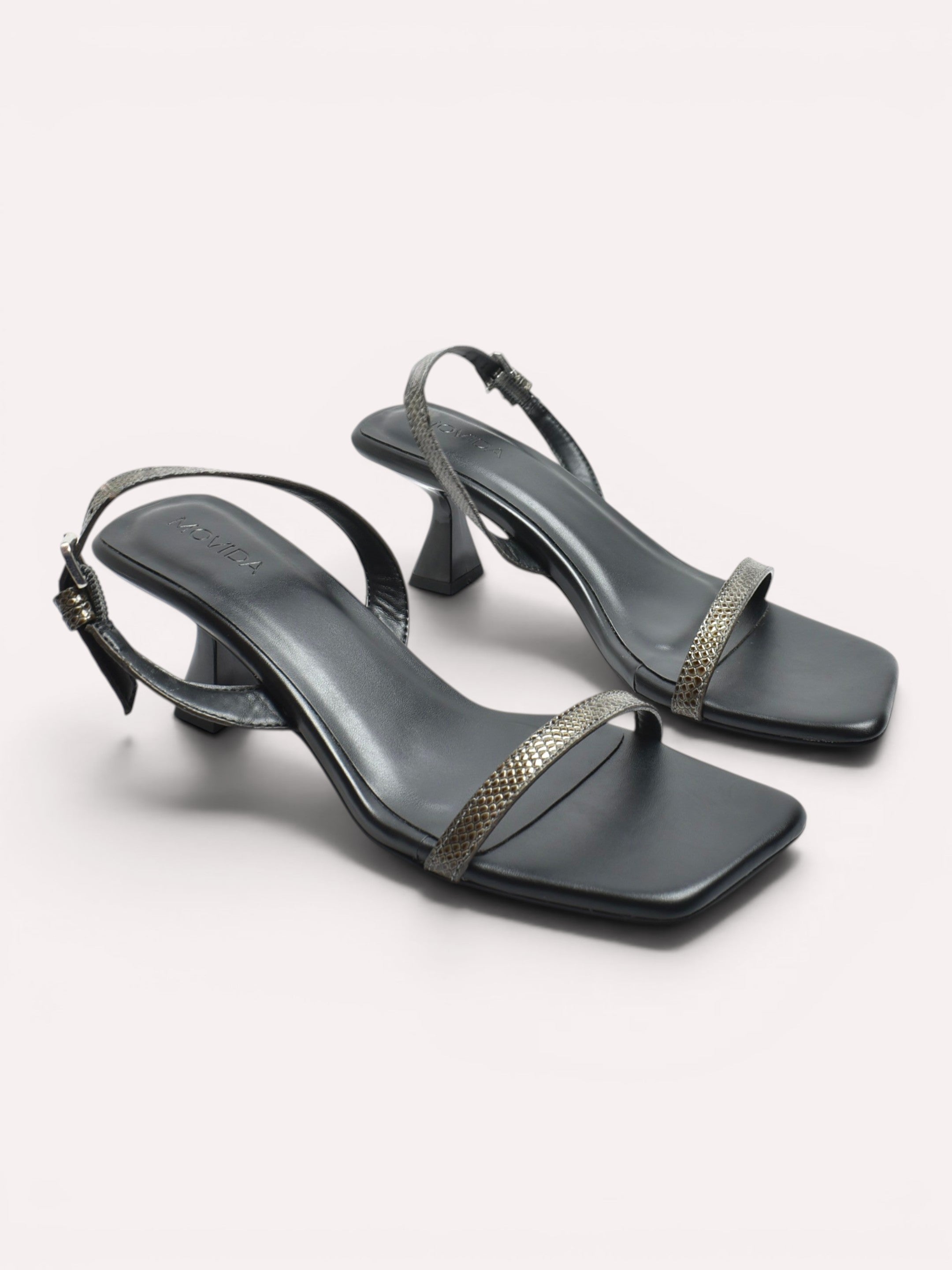 Nora Snake Strap Sculptural Heel Slingback – Black