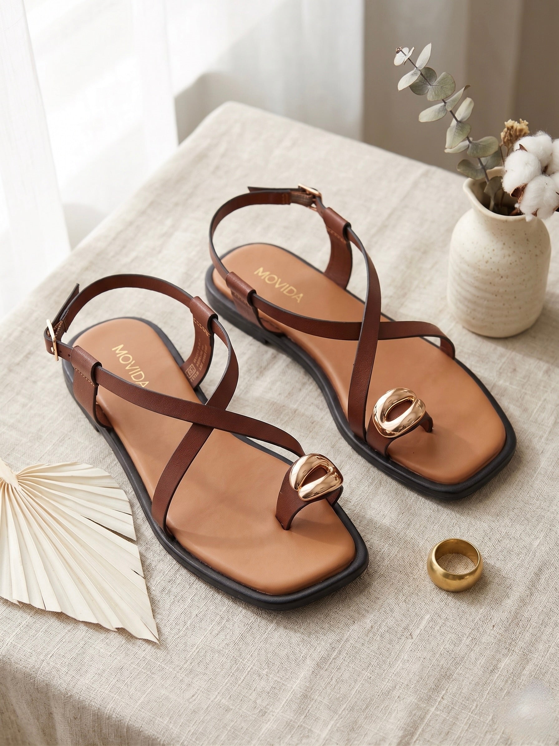 Flat Metallic Toe Ring Strap Sandals - Brown