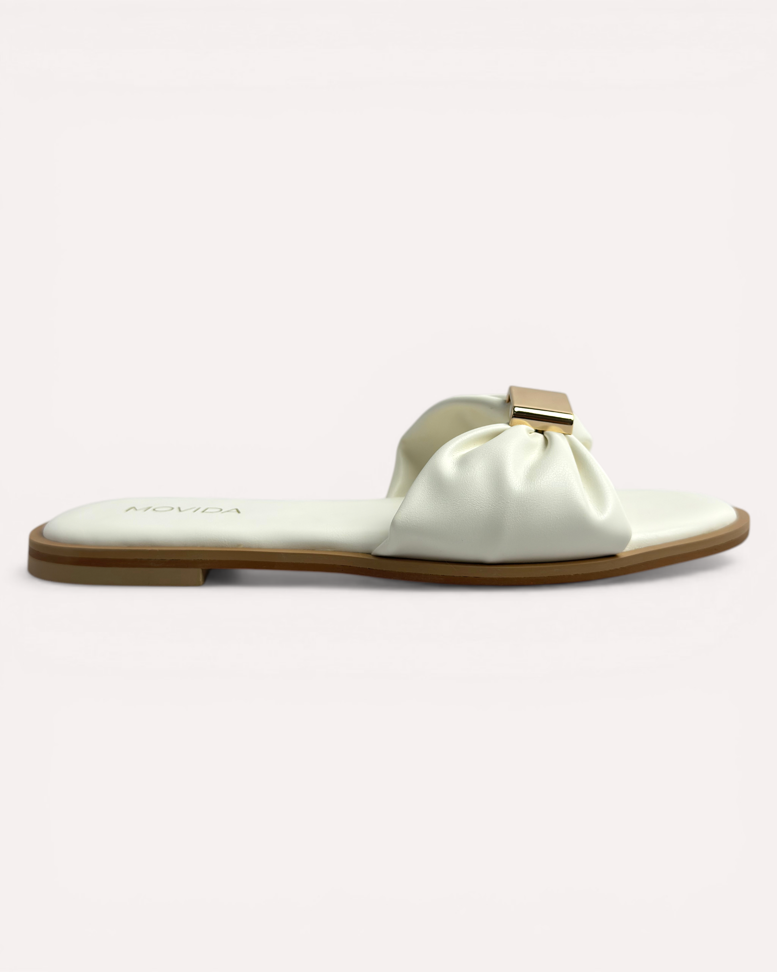 Lumi Ruched Bow-Strap Flat Slide Sandals – White