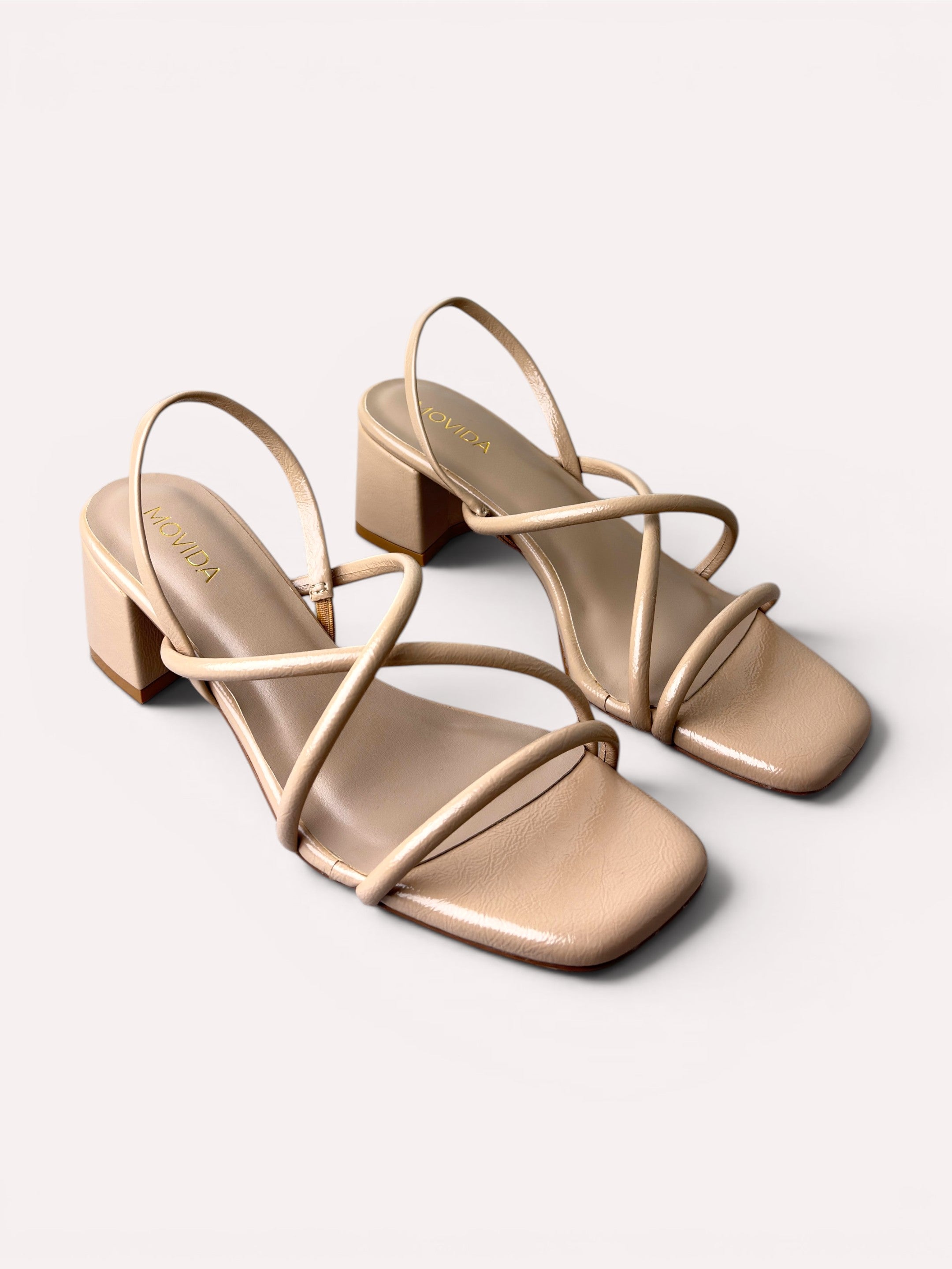 Scarlett Crinkle Patent Multi-Strap Block Heel Mule – Beige