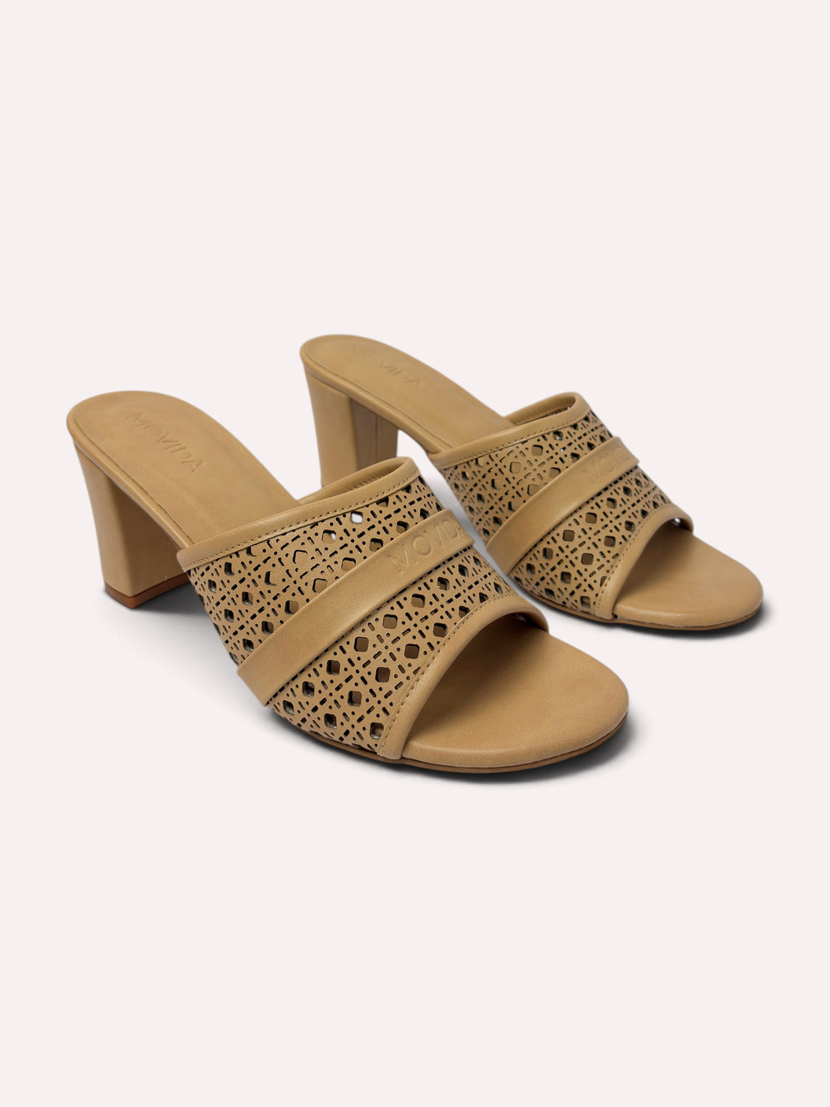 Canela Laser-Cut Mule Block Heel – Camel