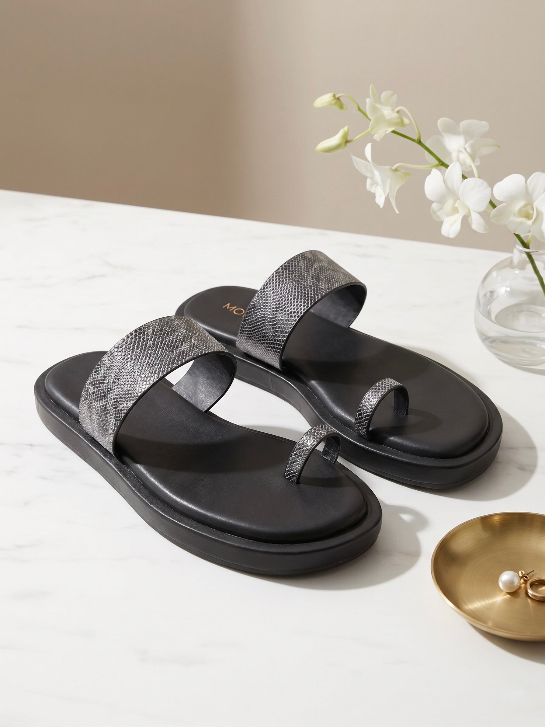 Textured Slip-On Open Toe Sandals  - Gun Metal