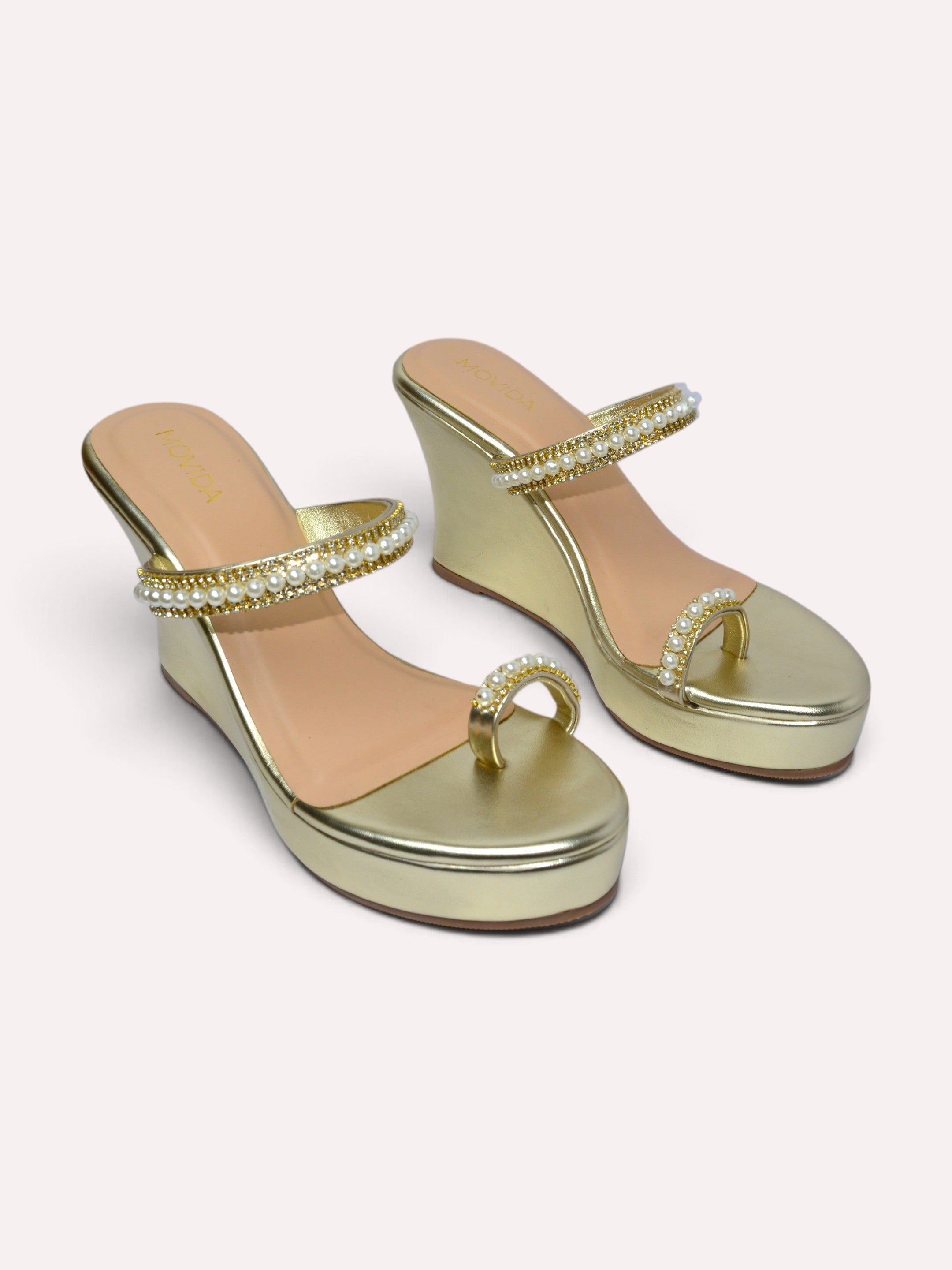  Zara Pearl Crystal Toe Ring Wedge Mule – Gold