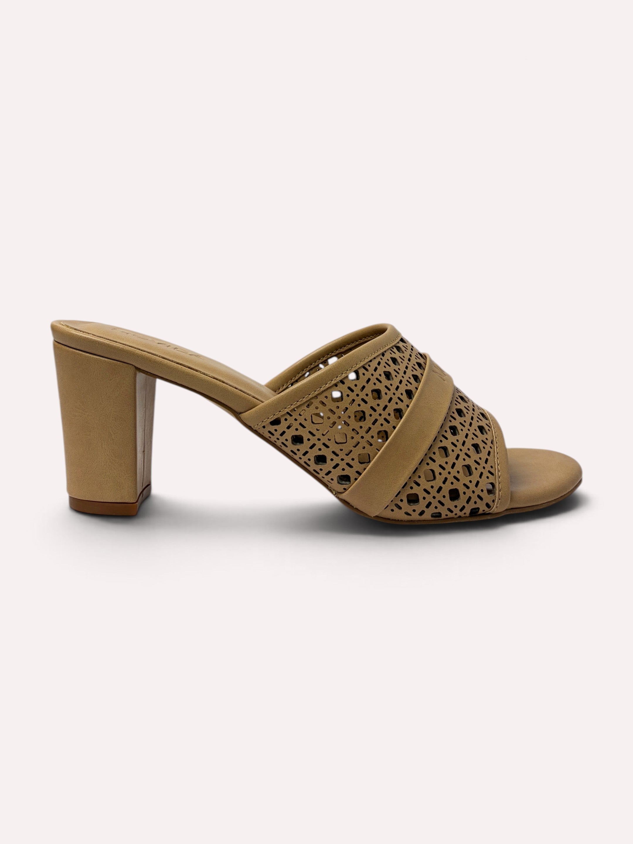 Canela Laser-Cut Mule Block Heel – Camel