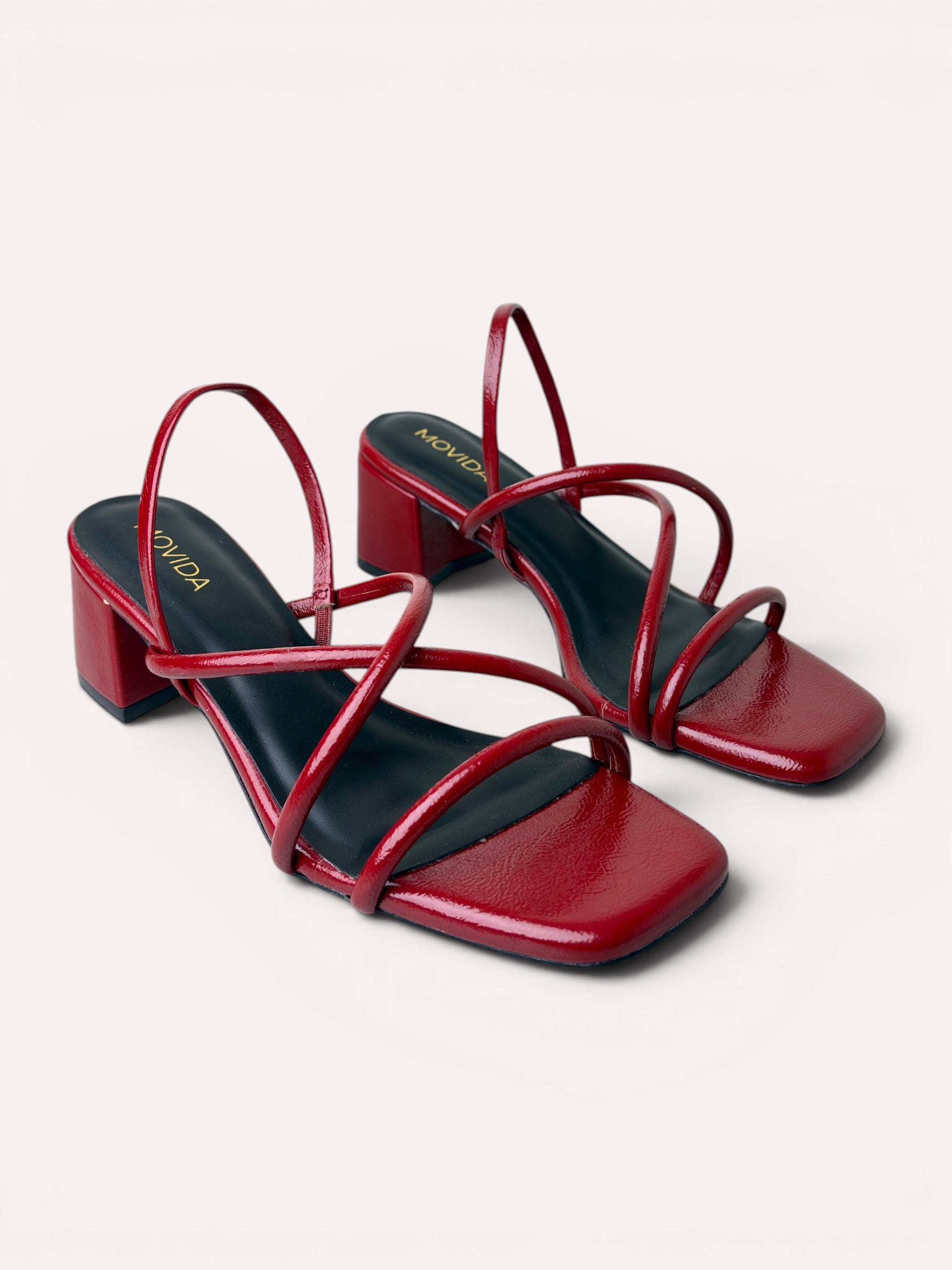 Scarlett Crinkle Patent Multi-Strap Block Heel Mule – Cherry Red