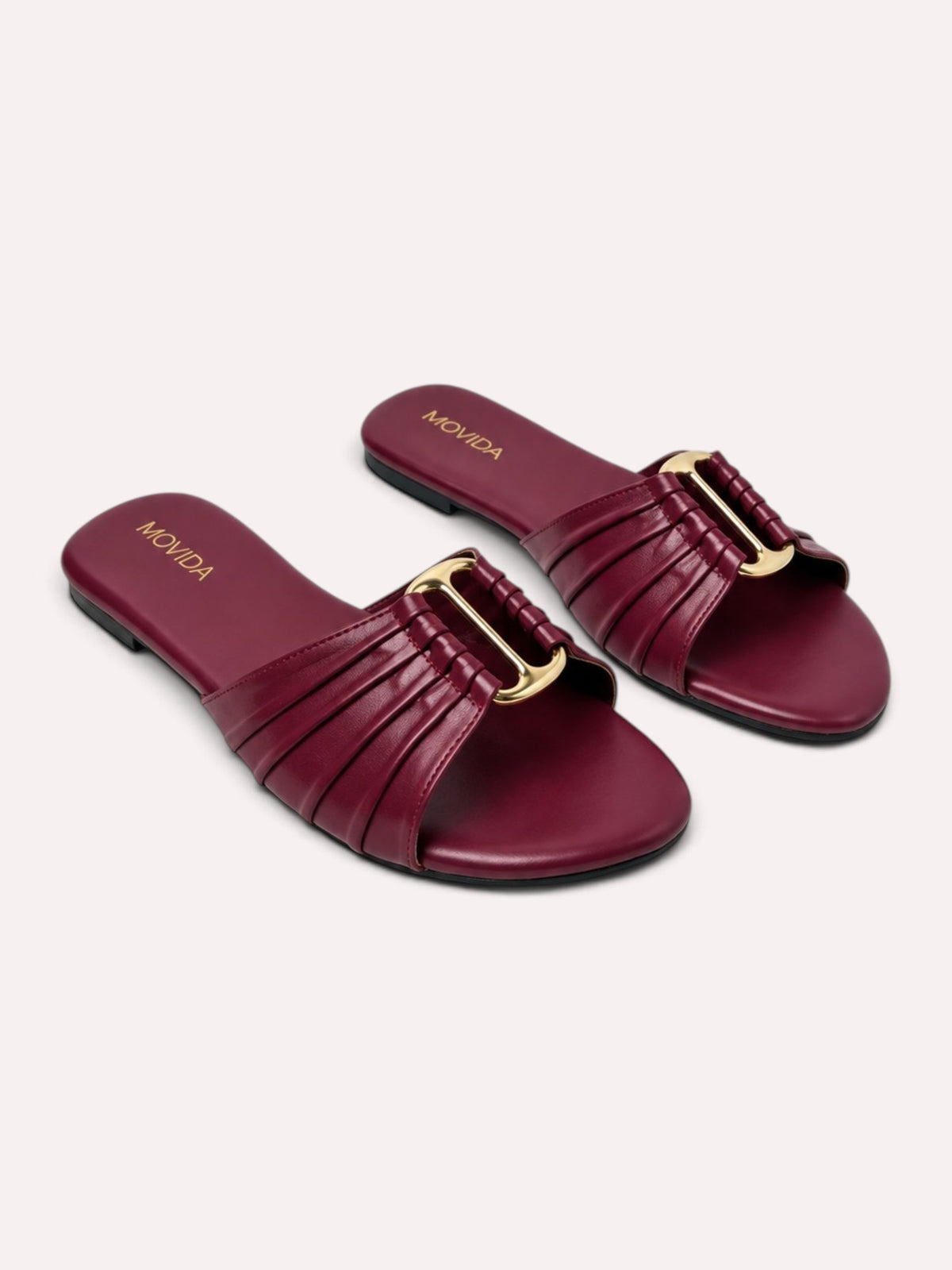 Plisse Gold-Bar Multi-Strap Flat Slide – Maroon – Pair Top View