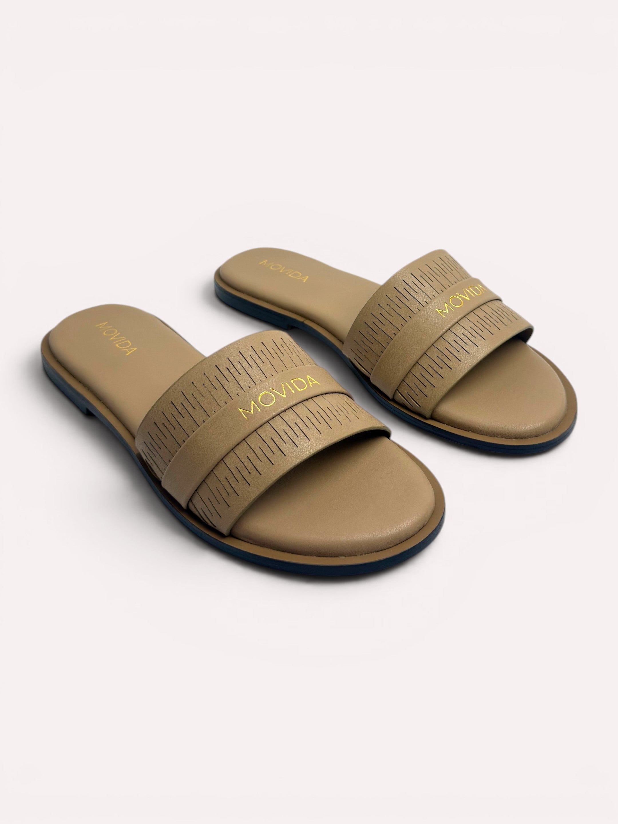 Lara Perforated Logo Strap Flat Slide – Camel