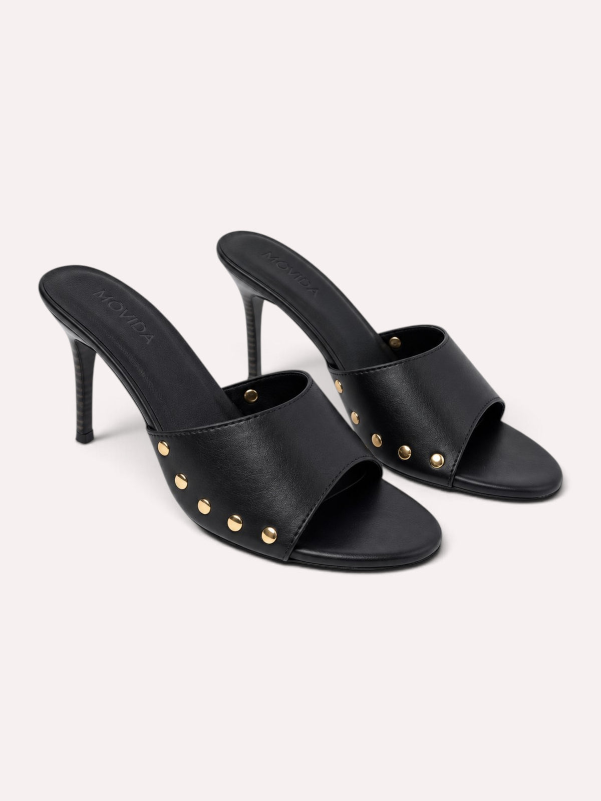 Rocco Gold-Stud Wide-Band Stiletto Mule – Black – Pair Front View