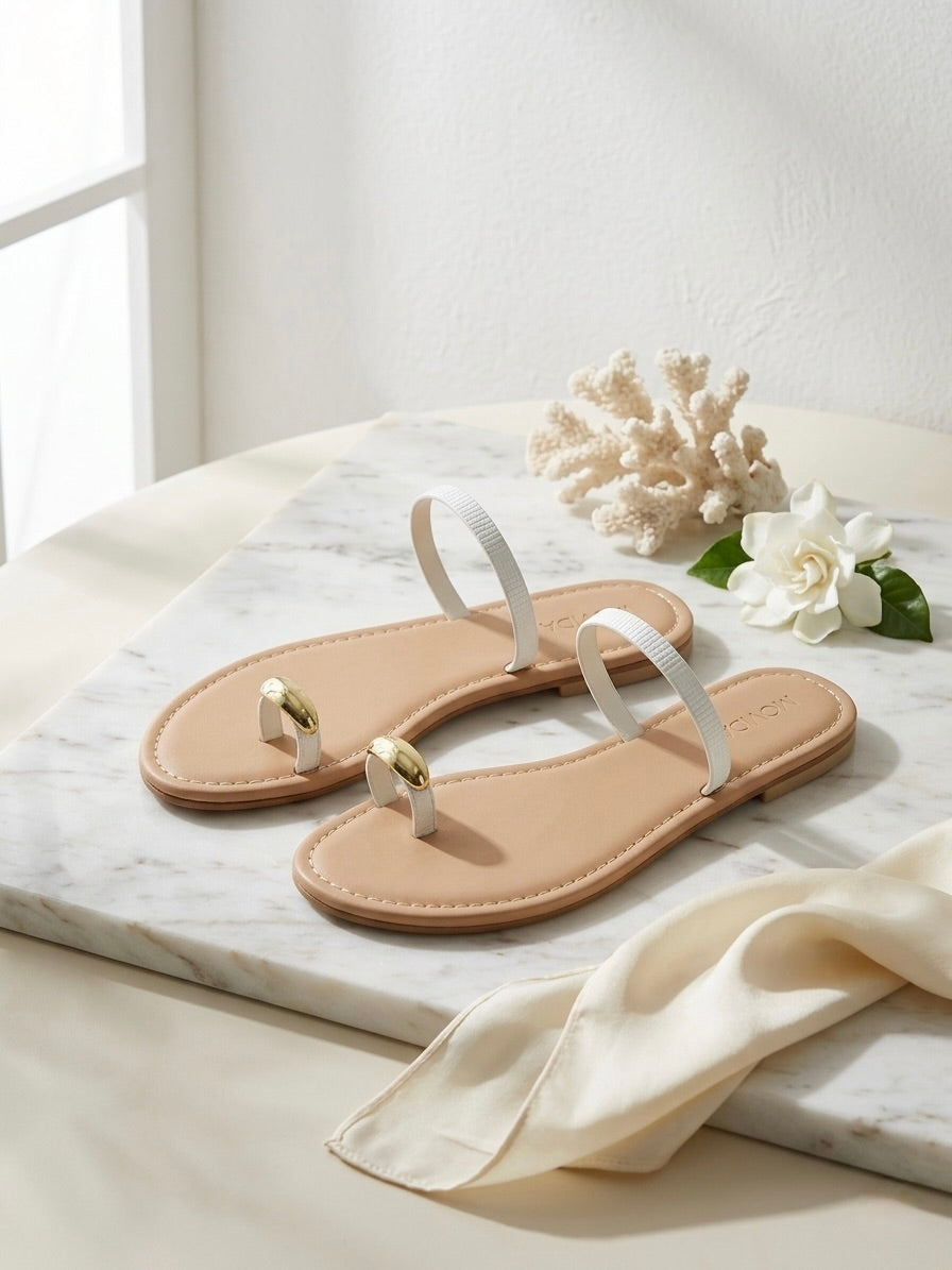 Classic Flat Metallic Toe Ring Sandal - White Beige