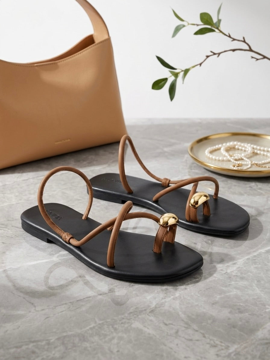 Flat Metallic Toe Ring Sandal - Brown Black