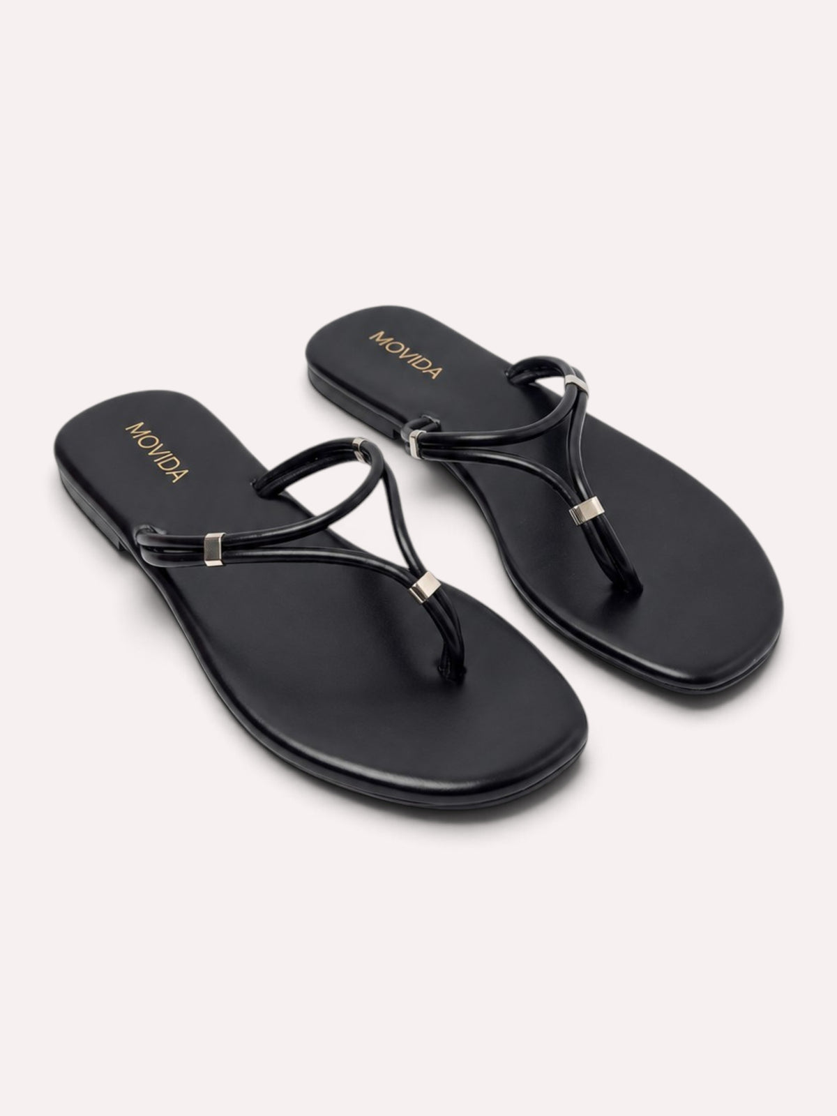Lino Silver-Trim Dual-Strap Toe-Ring Flat Sandal – Black – Pair Top View