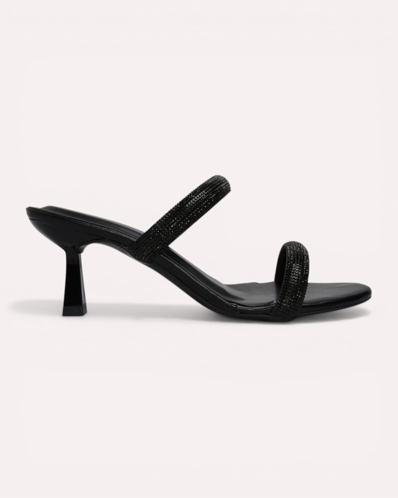 Noir Crystal Dual-Strap Flared Heel Mules – Black