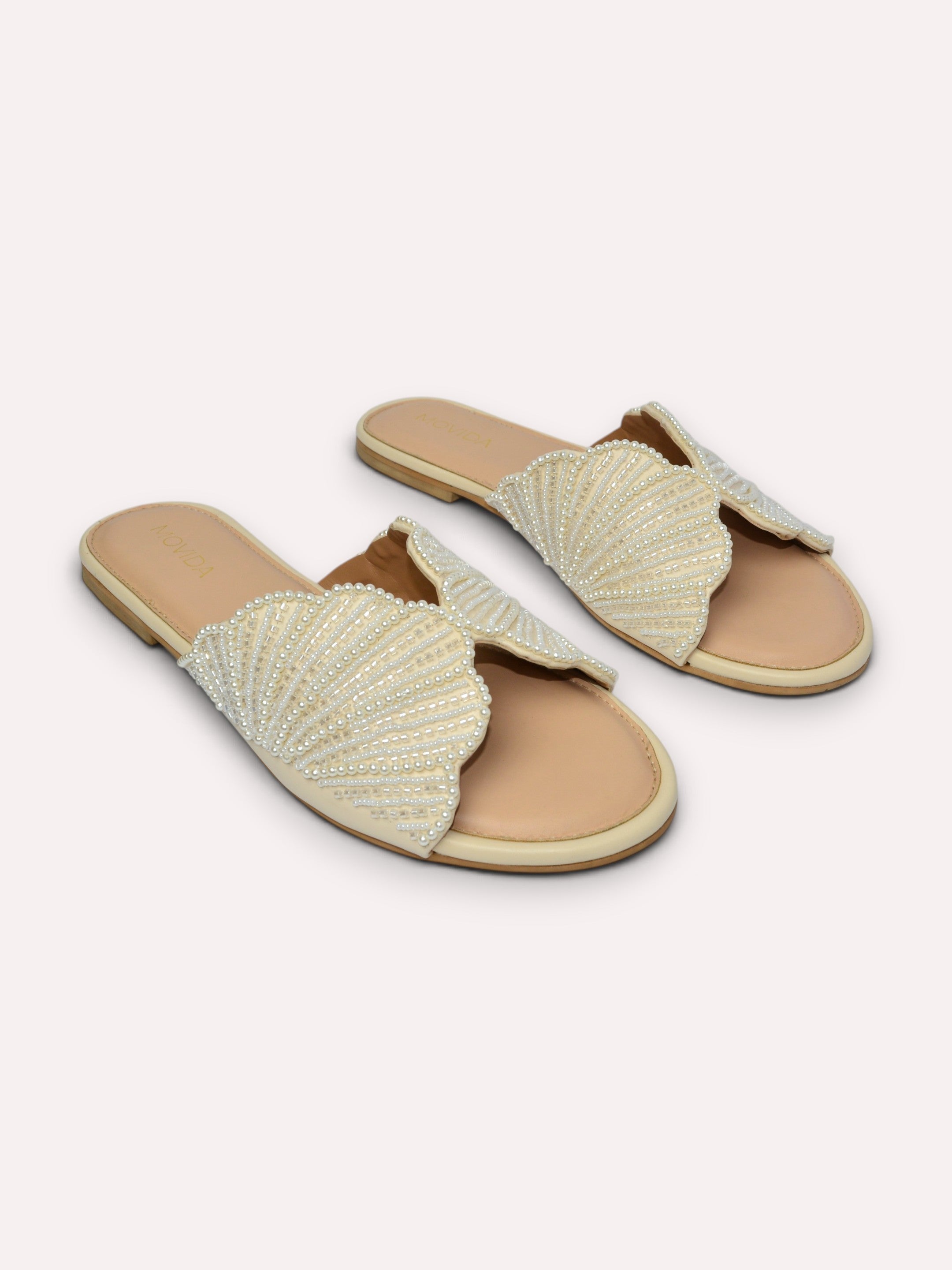 Lyra Pearl Embellished Wing Flat Slide – Cream