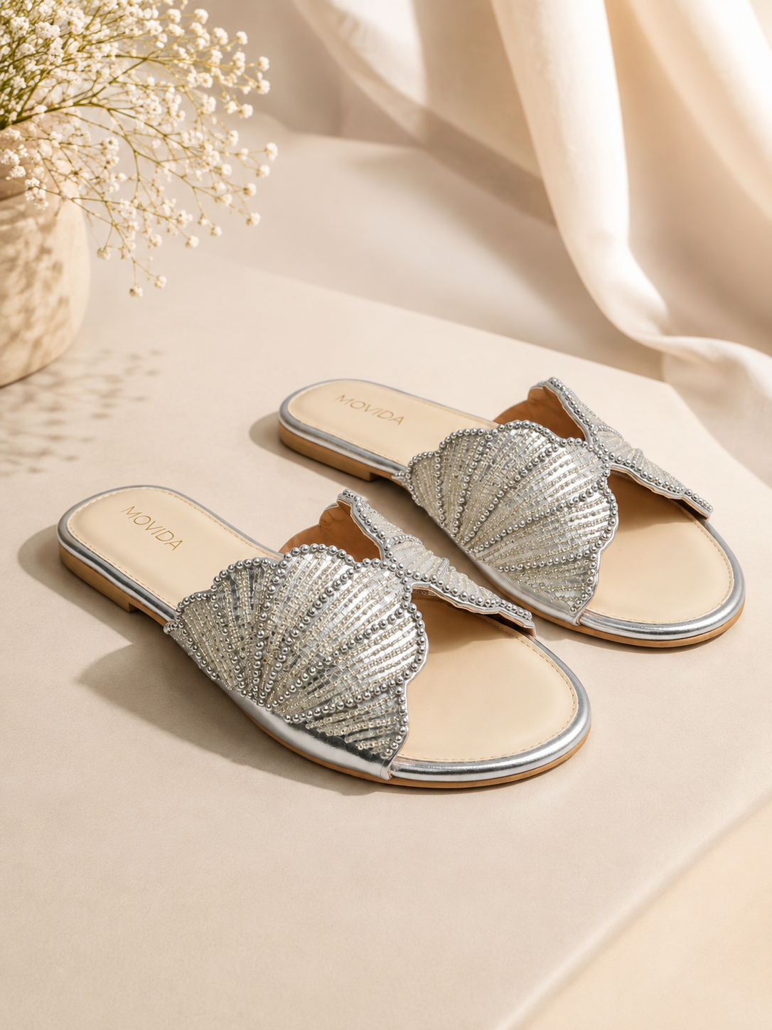 Lyra Pearl Embellished Wing Flat Slide – Silver