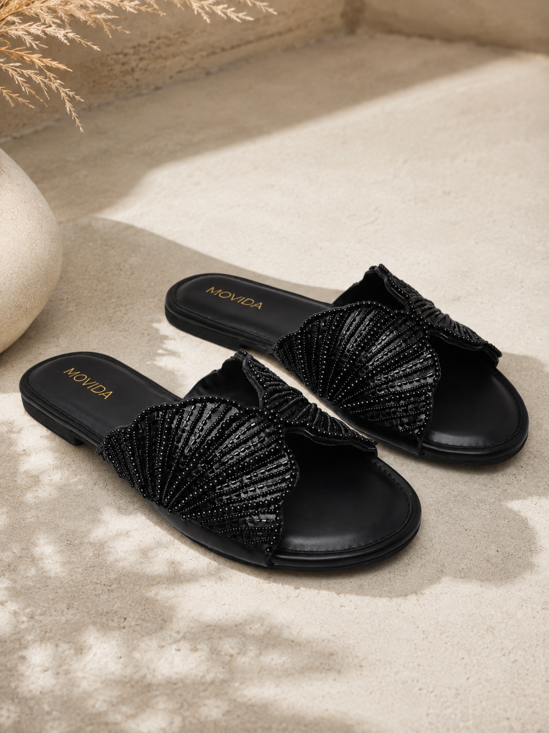 Lyra Pearl Embellished Wing Flat Slide – Black