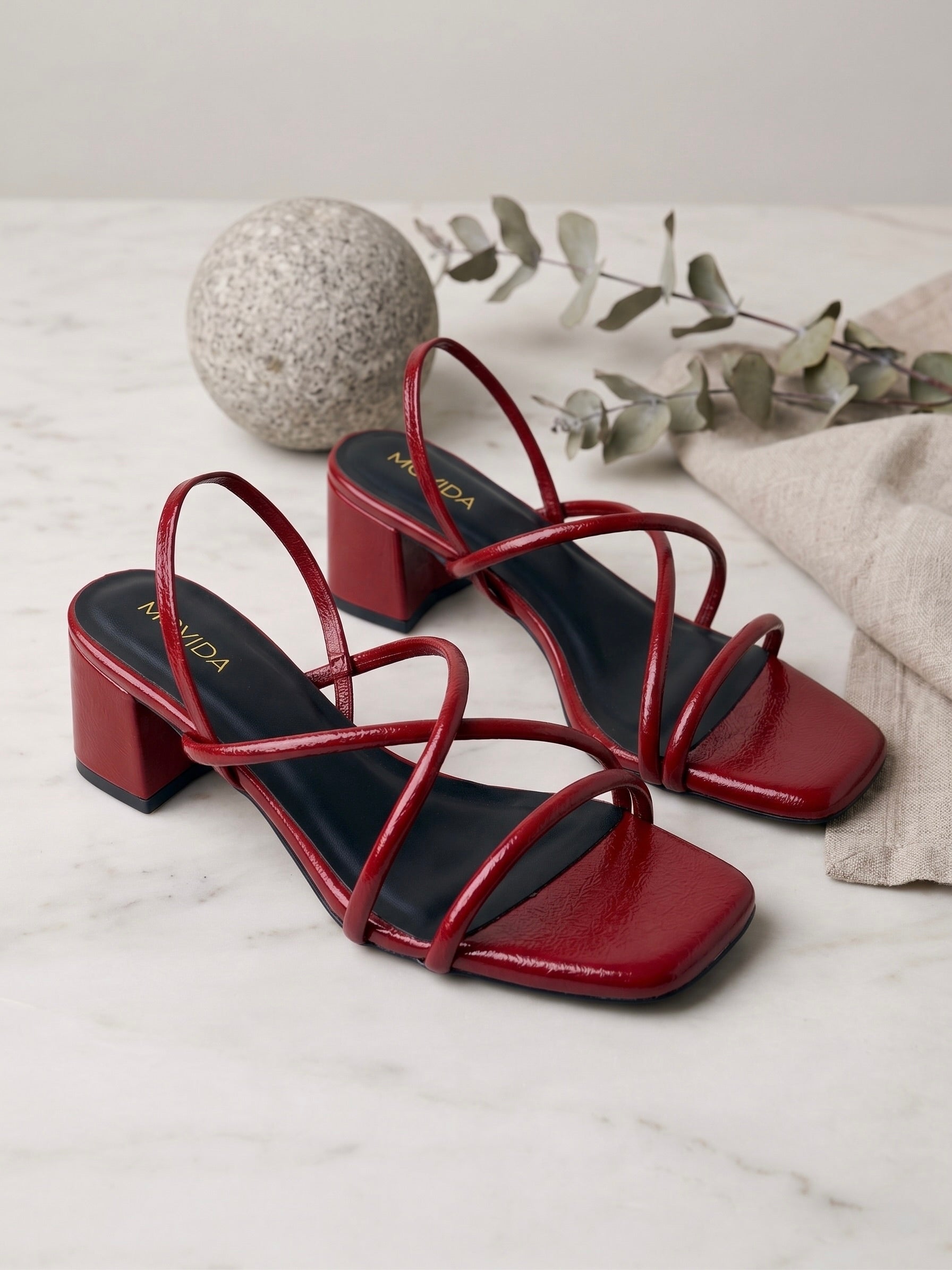 Scarlett Crinkle Patent Multi-Strap Block Heel Mule – Cherry Red