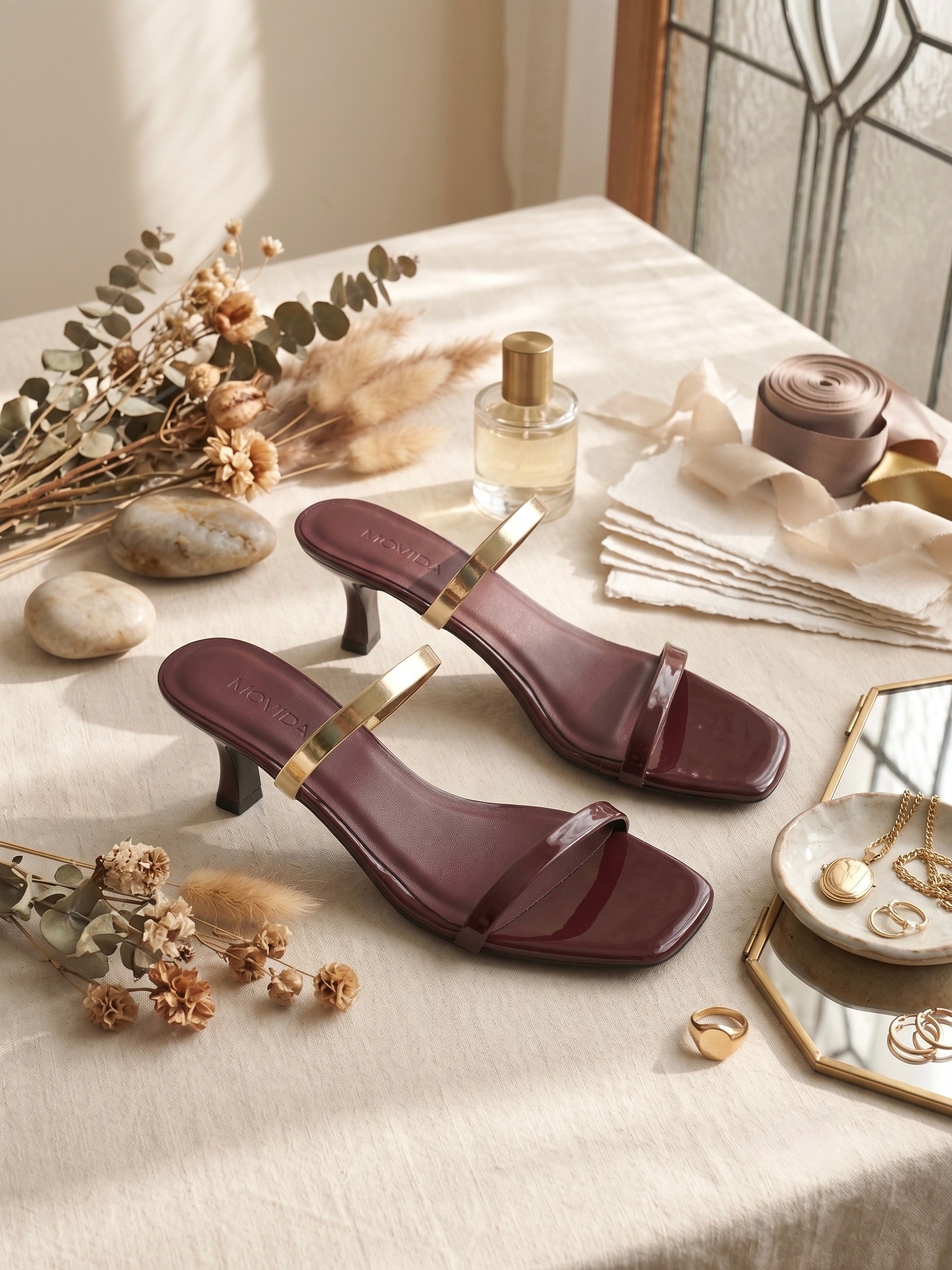 Reva Dual Strap Gold Bar Kitten Heel Mule – Wine
