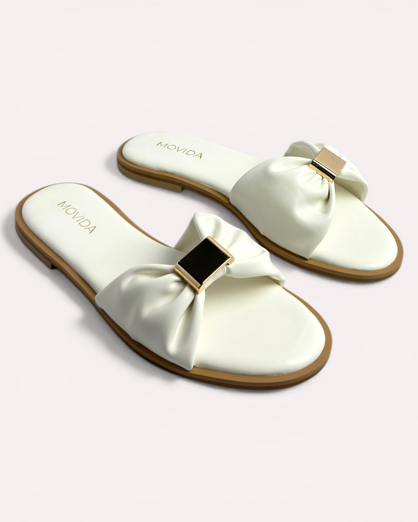 Lumi Ruched Bow-Strap Flat Slide Sandals – White
