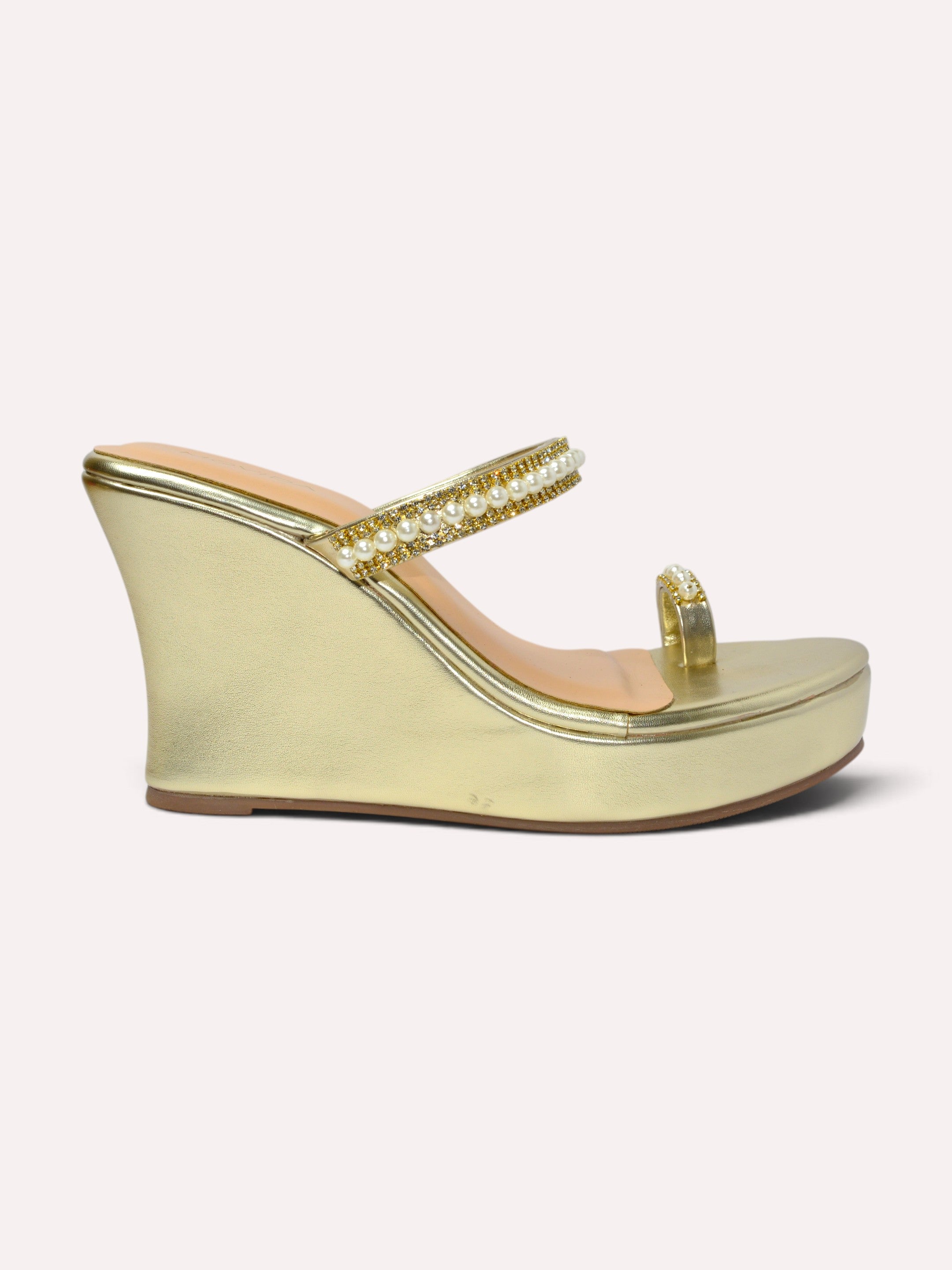  Zara Pearl Crystal Toe Ring Wedge Mule – Gold