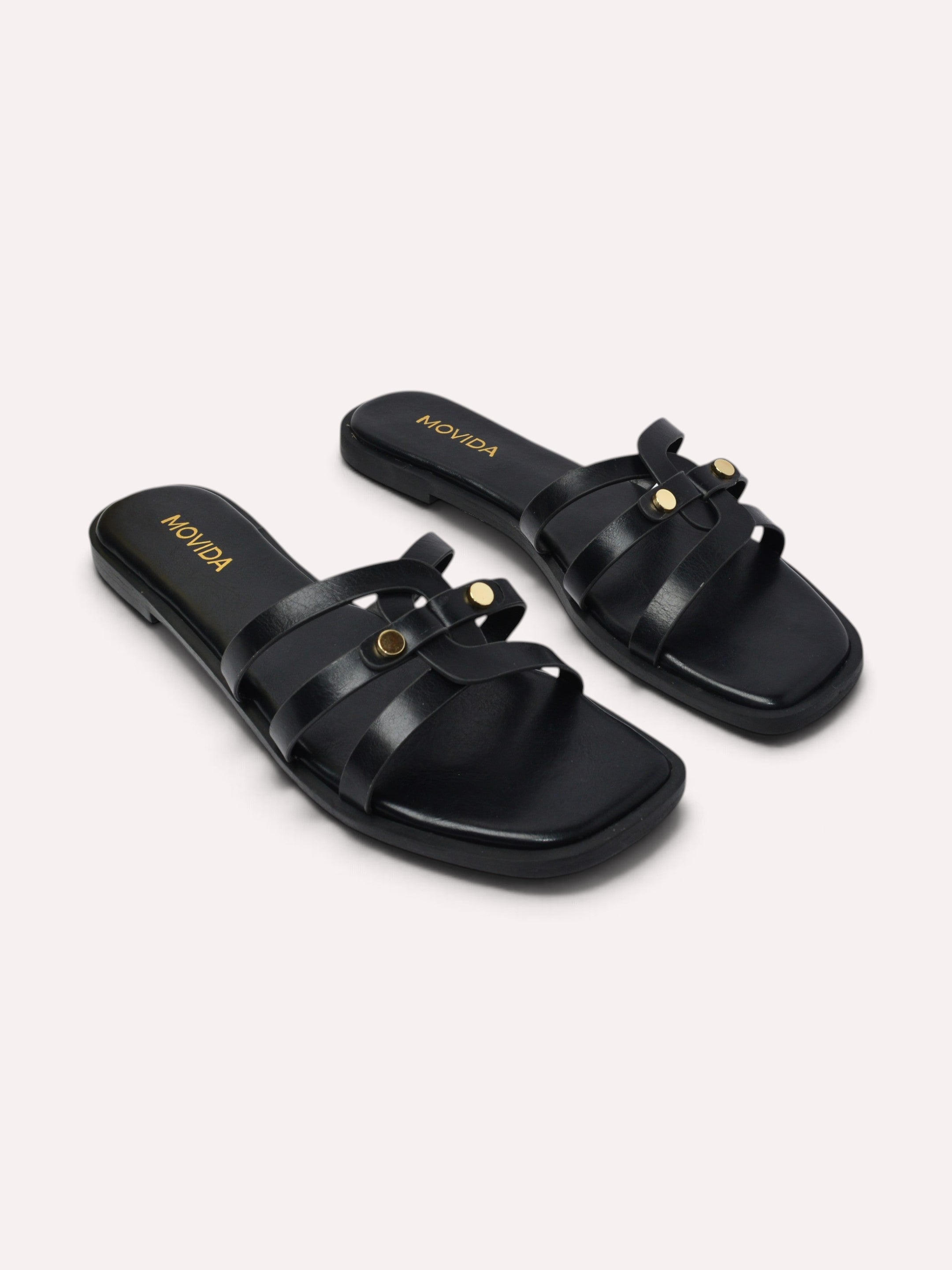 Trio Gold Rivet Triple Strap Flat Slide – Black