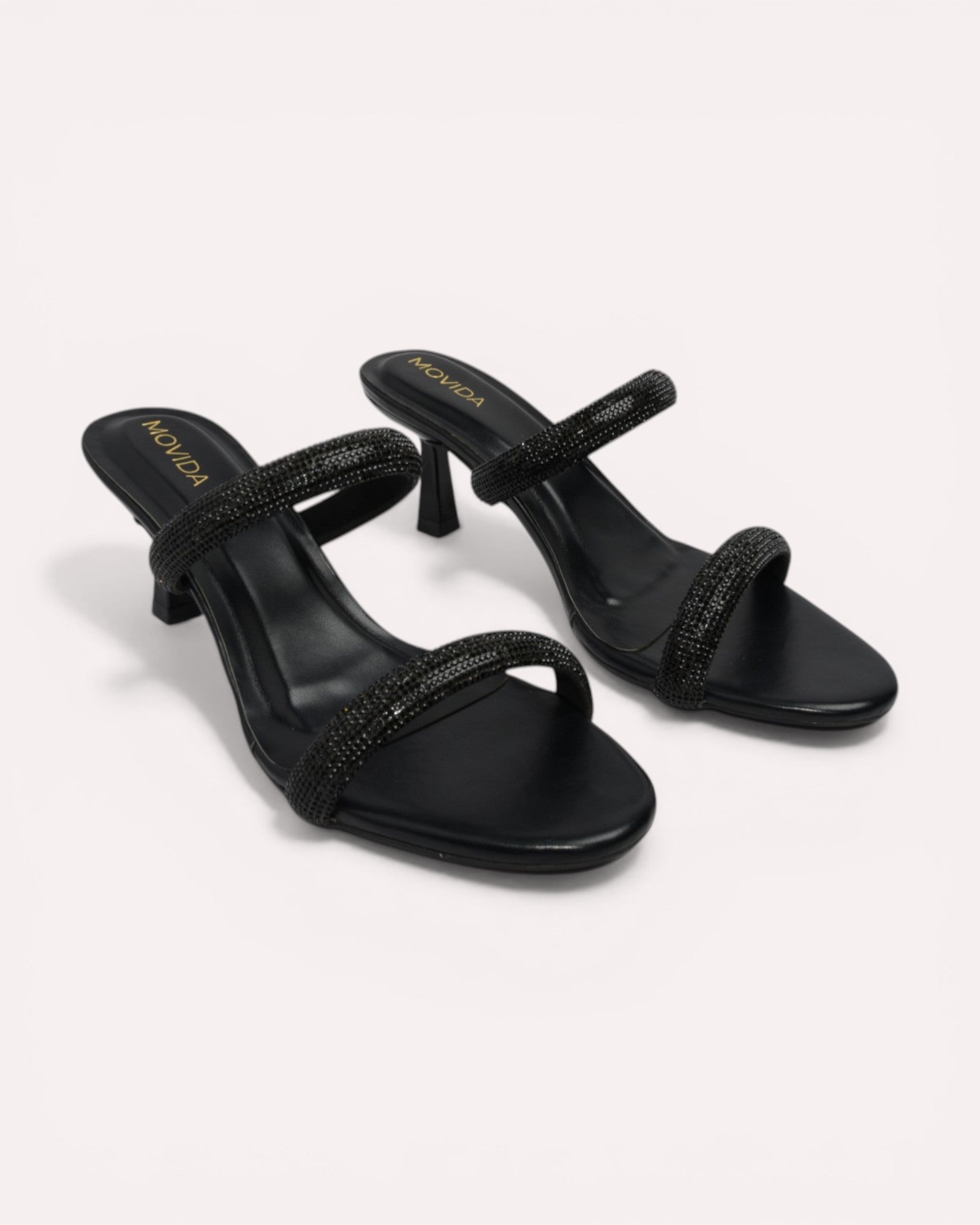 Noir Crystal Dual-Strap Flared Heel Mules – Black