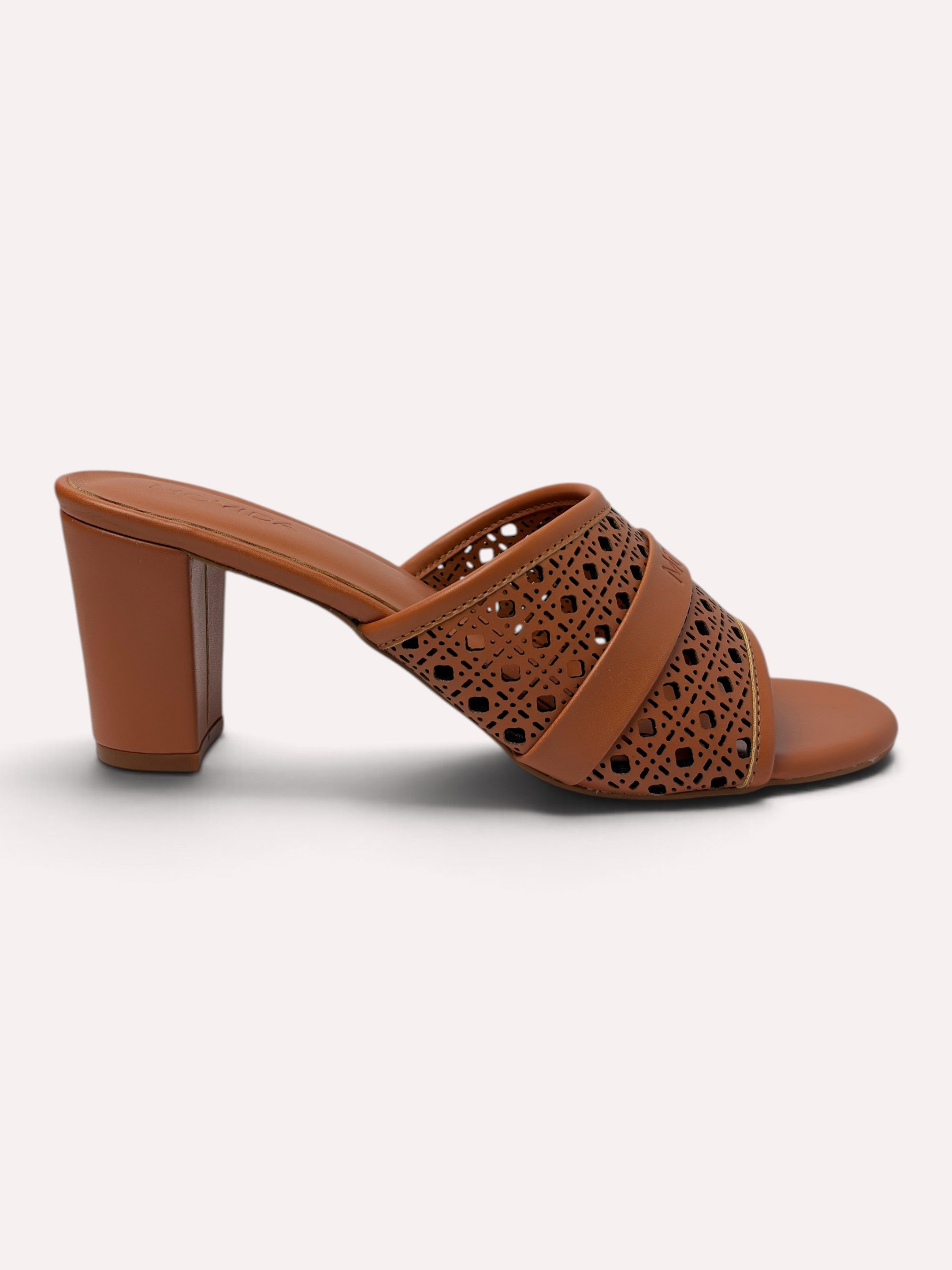Canela Laser-Cut Mule Block Heel – Tan – Side View