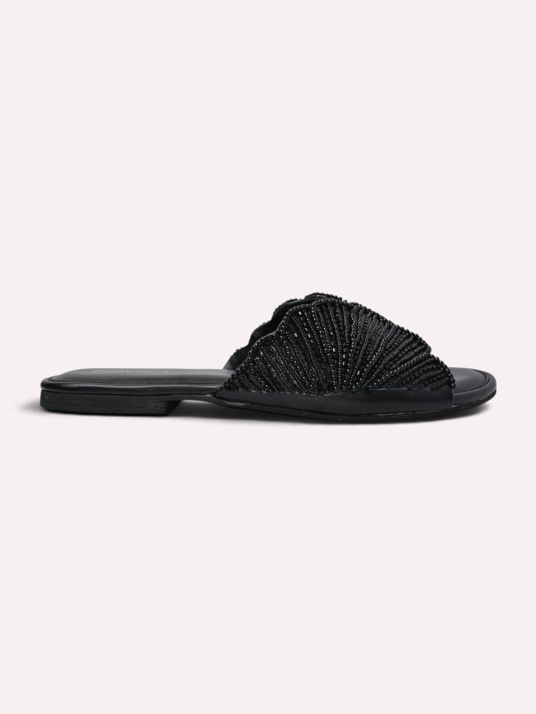 Lyra Pearl Embellished Wing Flat Slide – Black