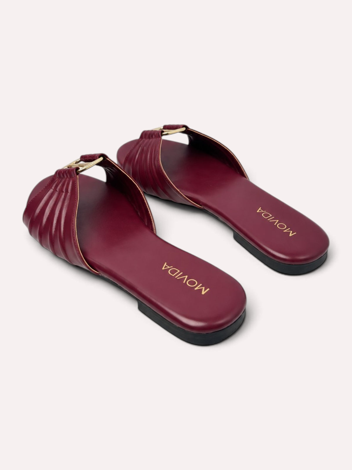 Plisse Gold-Bar Multi-Strap Flat Slide – Maroon – Pair Back View