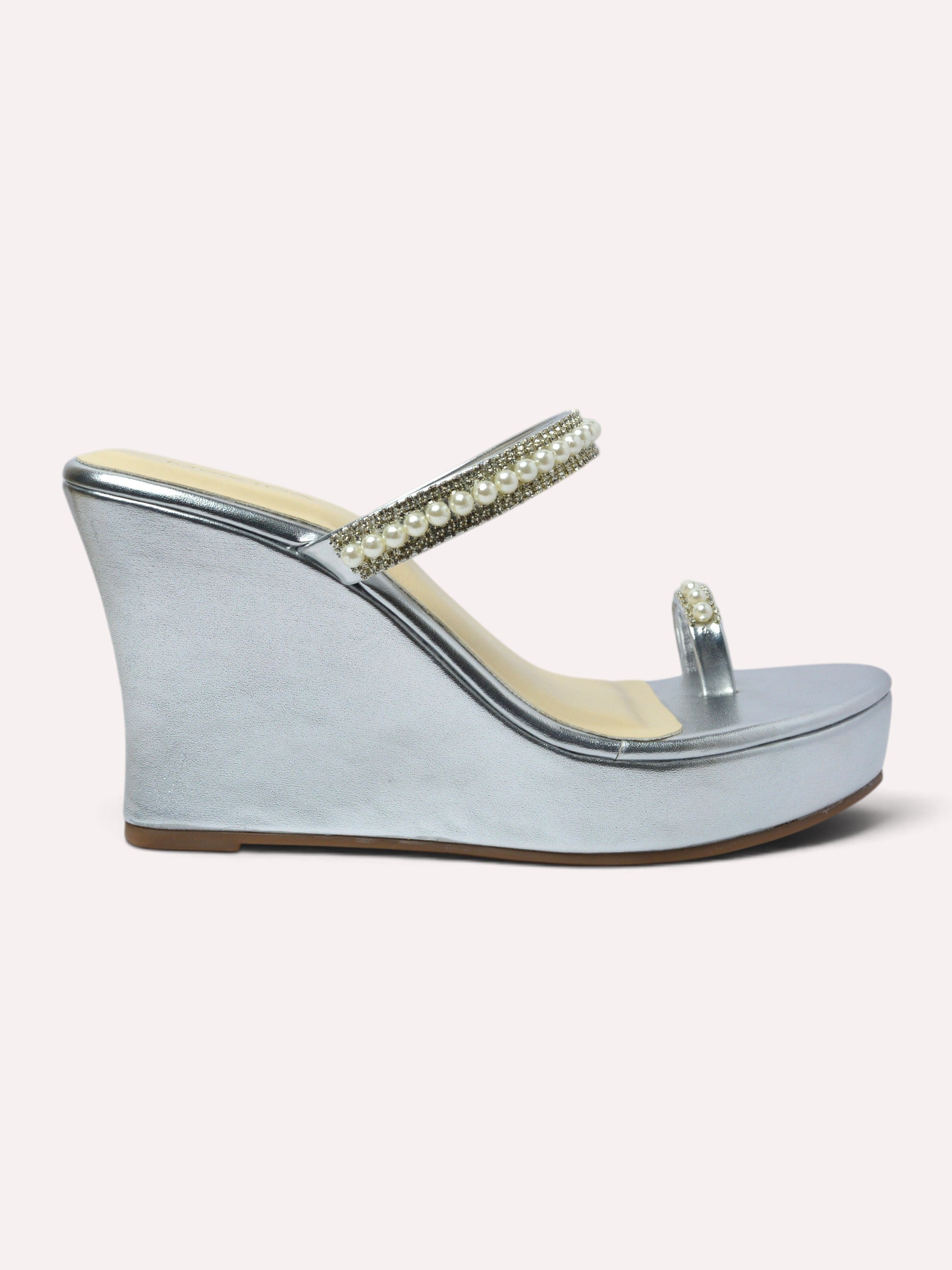  Zara Pearl Crystal Toe Ring Wedge Mule – Silver