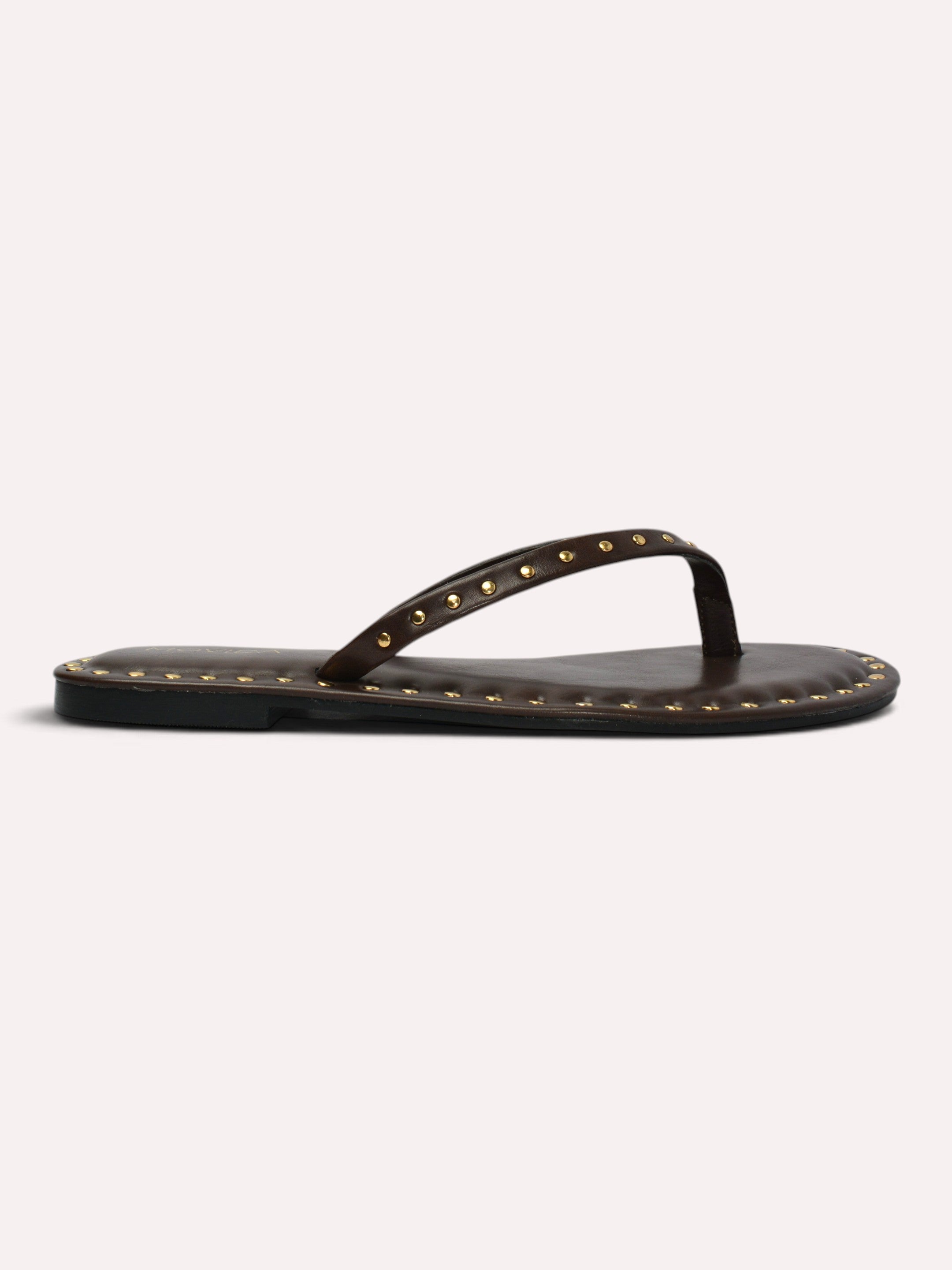 Flat V Straps Strap with Studs Sandal - Brown