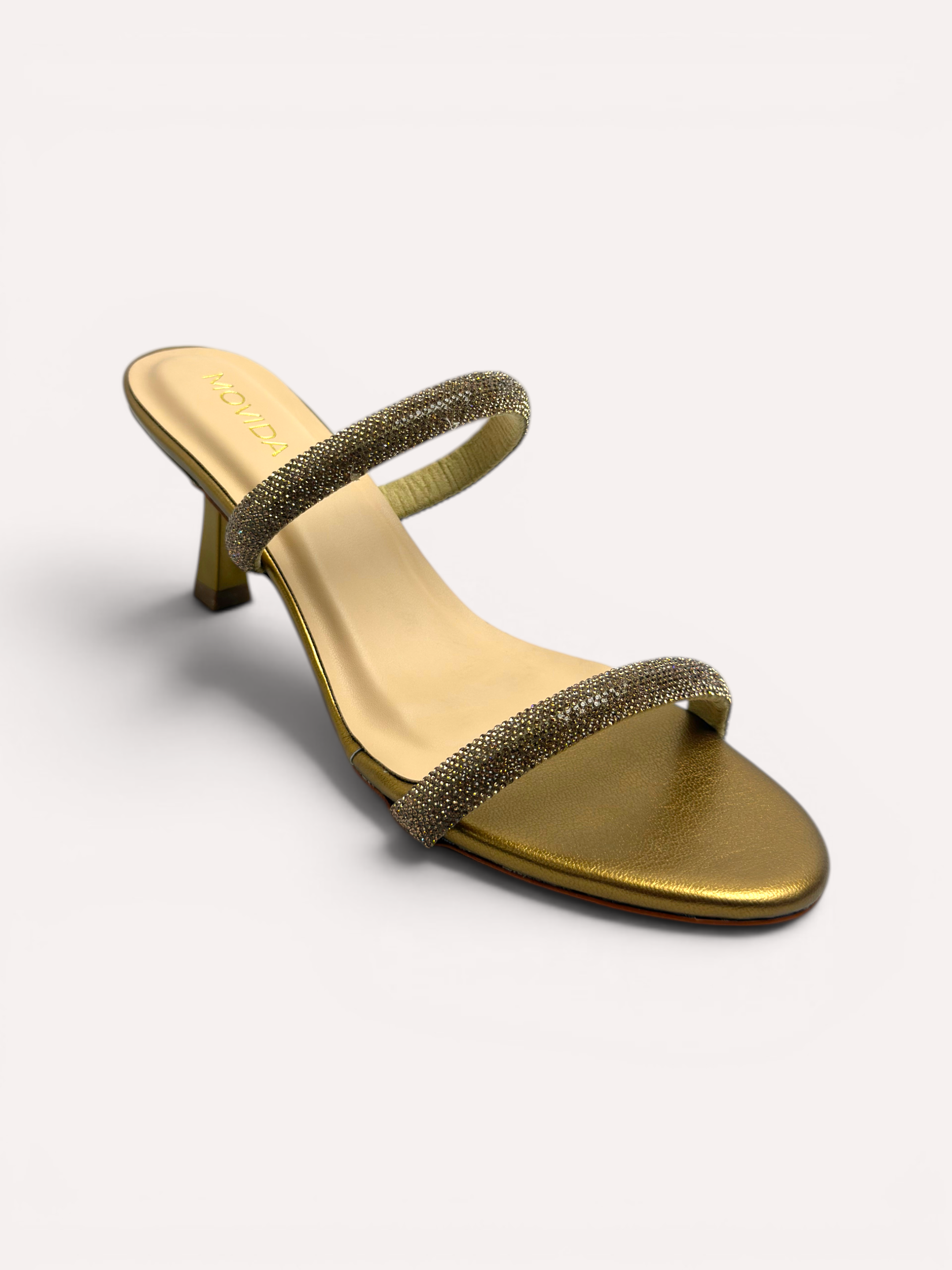 Noir Crystal Dual-Strap Flared Heel Mules – Copper