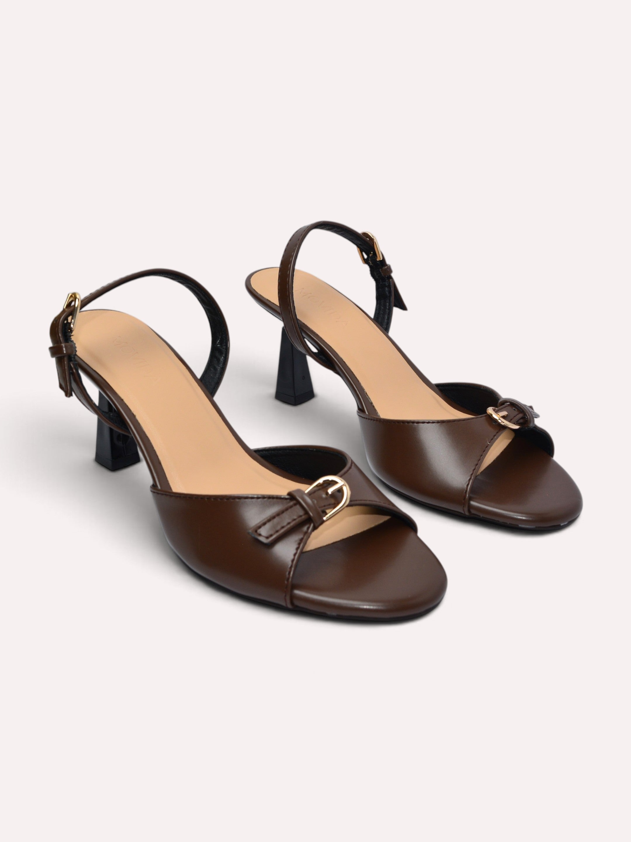 Elara Gold Buckle Strap Trumpet Heel Slingback – Brown