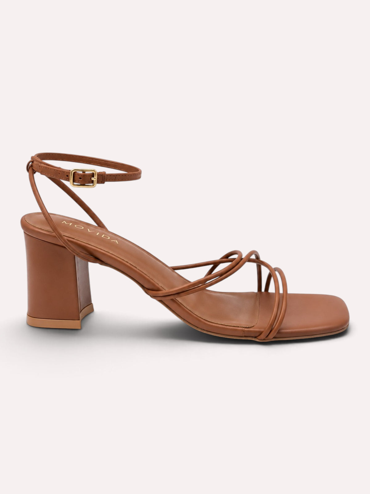 Solana Cross-Strap Flared Block Heel Sandal – Tan – Pair View