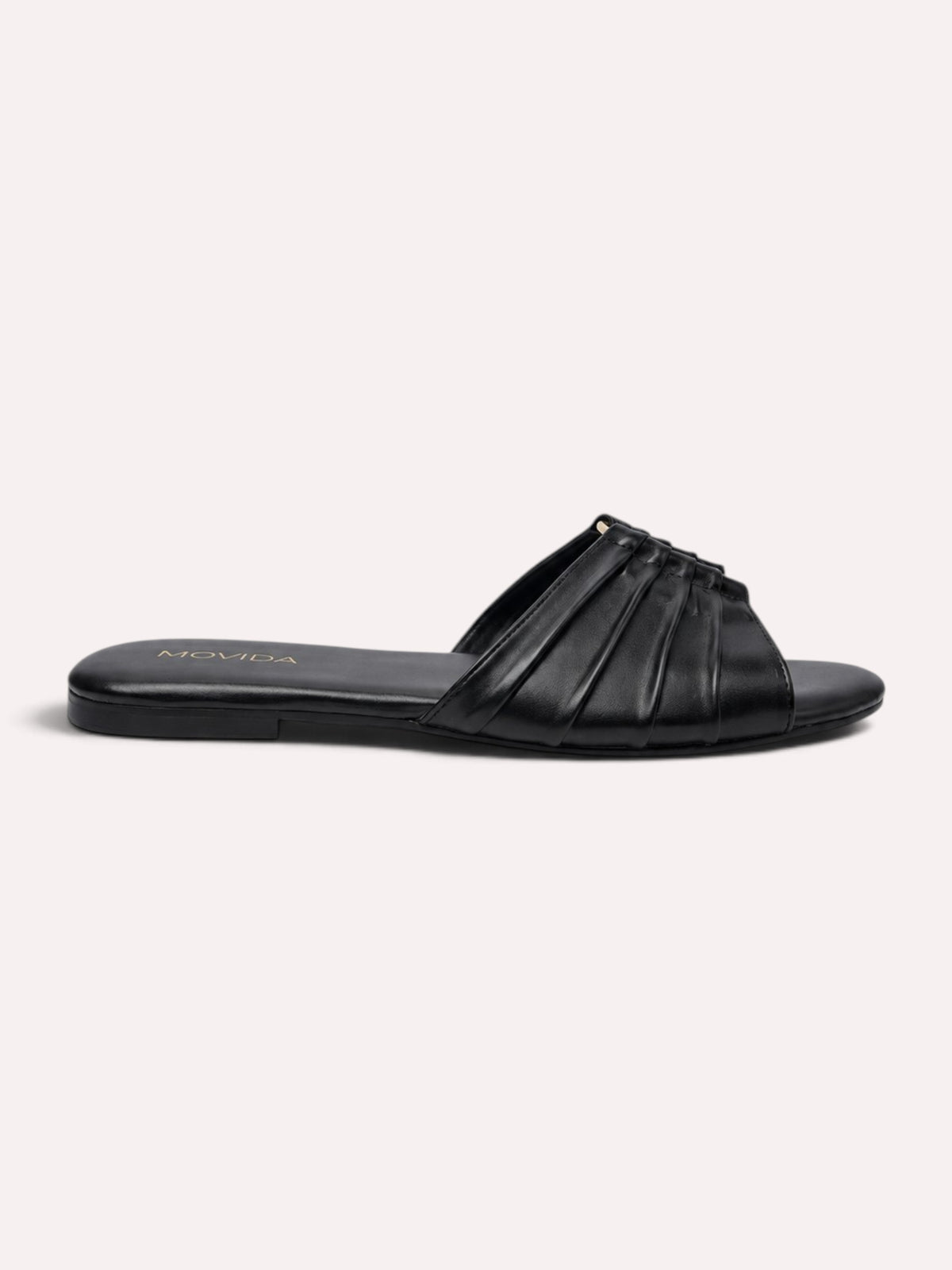 Plisse Gold-Bar Multi-Strap Flat Slide – Black – Side Profile View