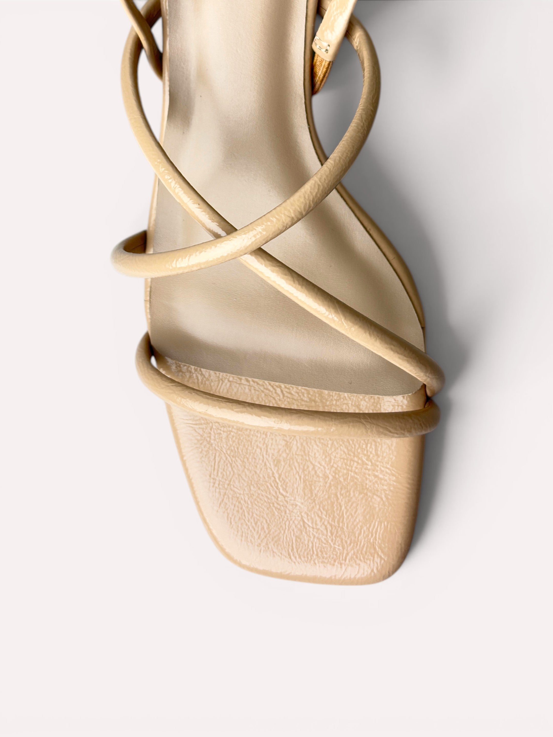 Scarlett Crinkle Patent Multi-Strap Block Heel Mule – Beige